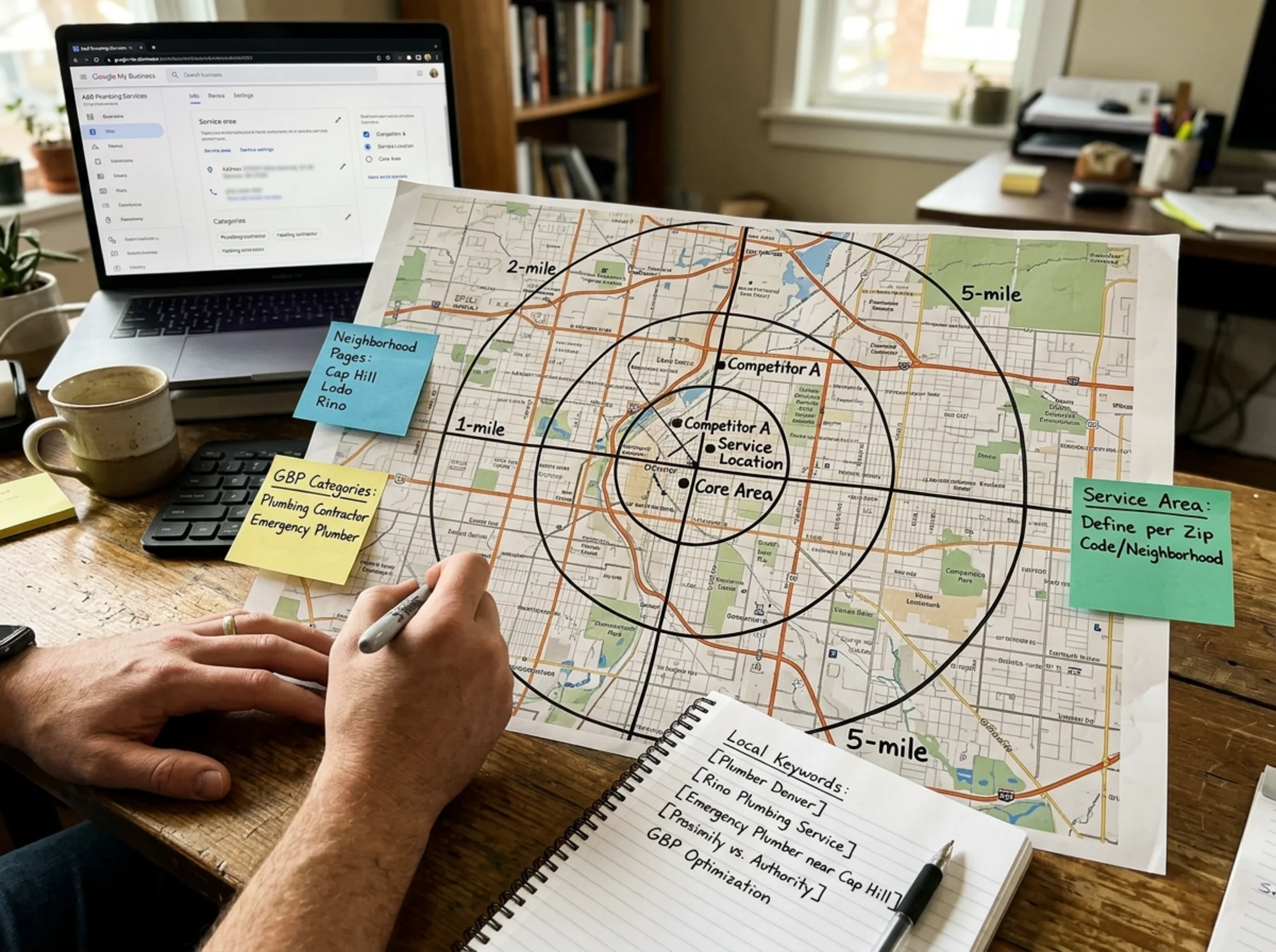 A marketer's desk with a printed map of a city overlaid with a hand-drawn radius grid in marker, sticky notes labeled "neighborhood pages," "GBP categories," and "service area," a notebook with handwritten keyword variants, warm office light