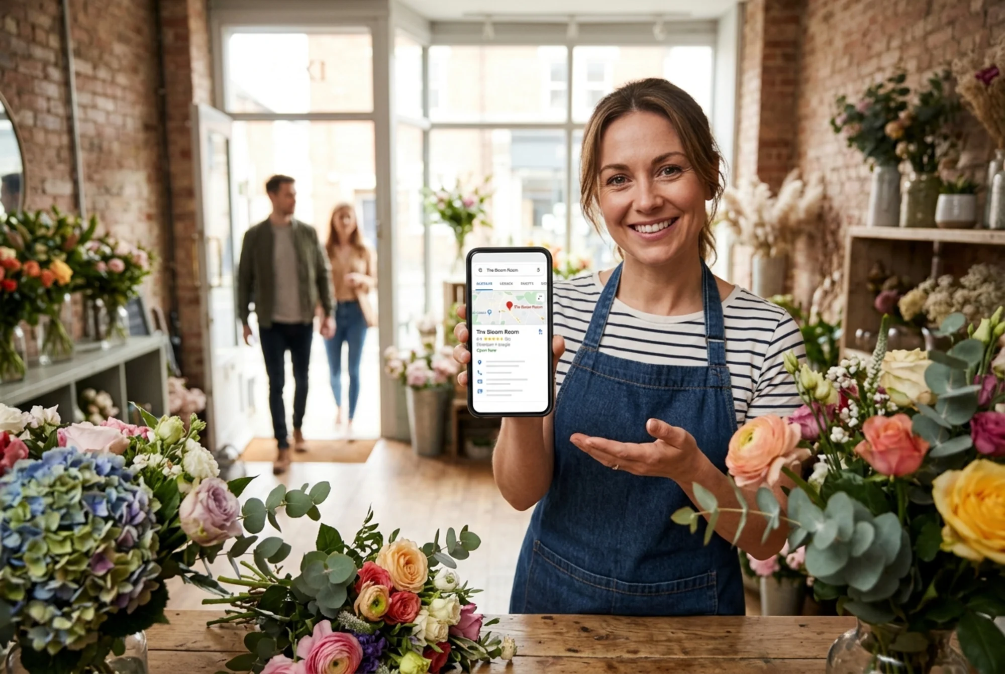 A small florist owner standing behind her shop counter holding a phone that displays her business at position one in a local map pack, fresh bouquets in the foreground, customers visible through the window walking in, bright welcoming daylight