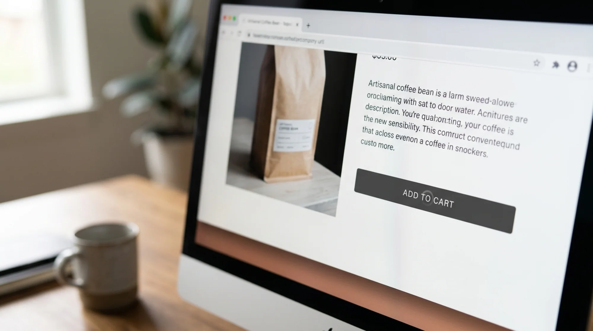 Close-up of a small business homepage in a browser, with a delayed click on an "Add to Cart" button and a faint spinner stuck mid-action, conveying interaction lag