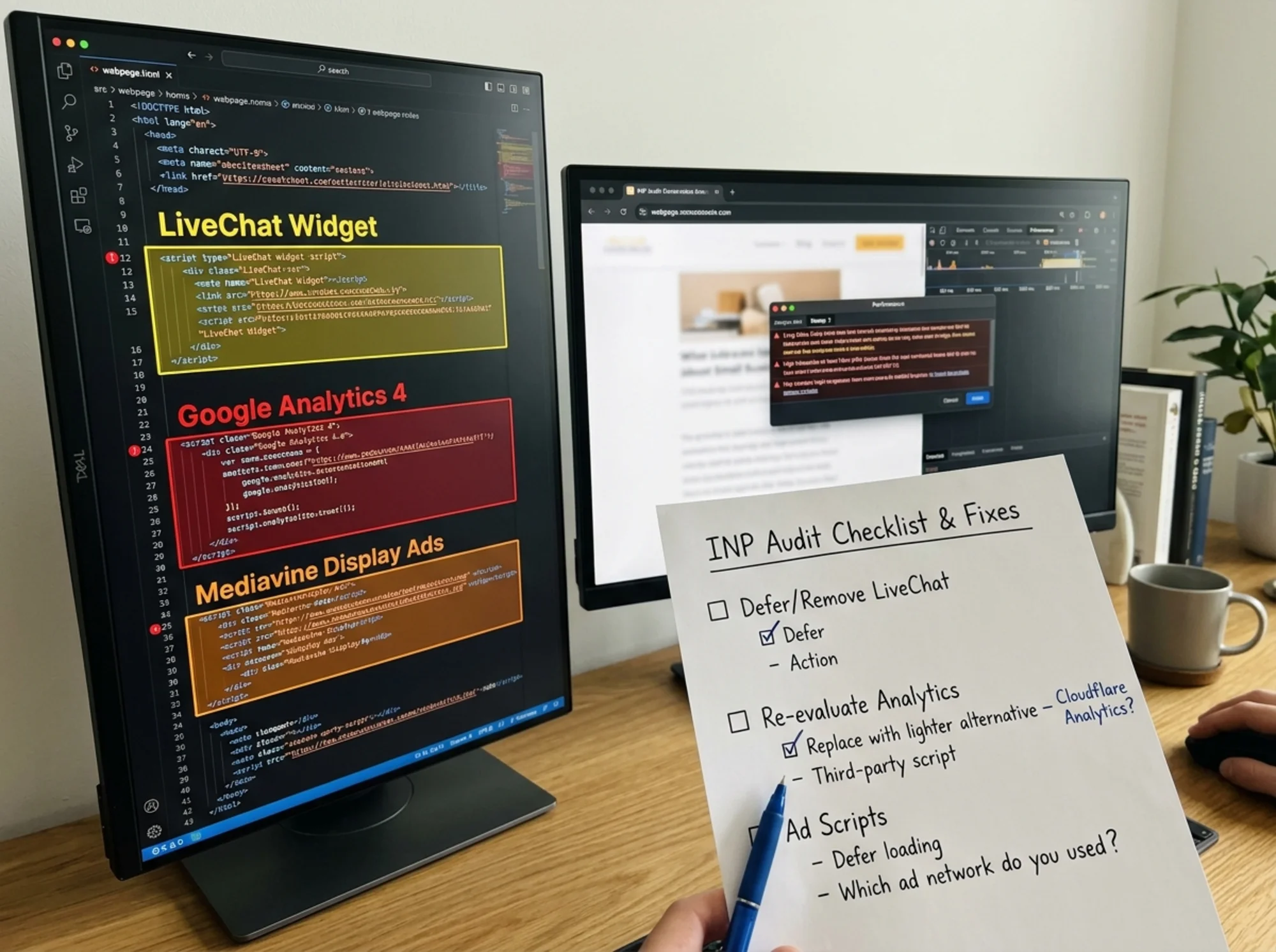 A side-by-side view of a webpage's HTML source with highlighted third-party script tags (chat widget, analytics, ads) and an annotated checklist of which to defer, remove, or replace