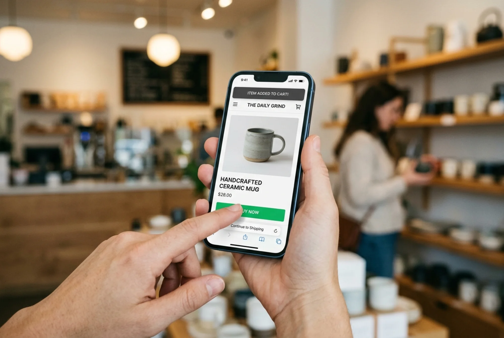 The same small business site after cleanup: a customer tapping "Buy Now" on a phone, the button responding instantly with a confirmation toast and a clean, fast checkout step visible