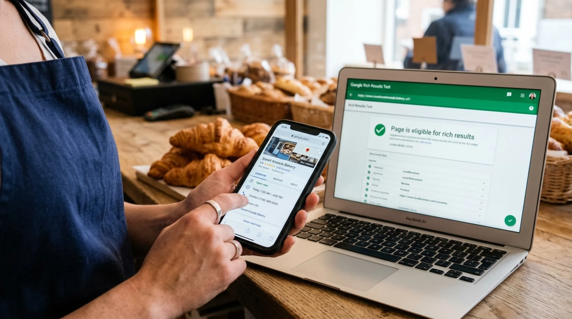Close-up of a small bakery owner's hands holding a phone showing her bakery's Google search result with a 4.9-star rating, opening hours, and "Open now" badge, while her laptop on the bakery counter displays the Google Rich Results Test page with a green "Page is eligible for rich results" message