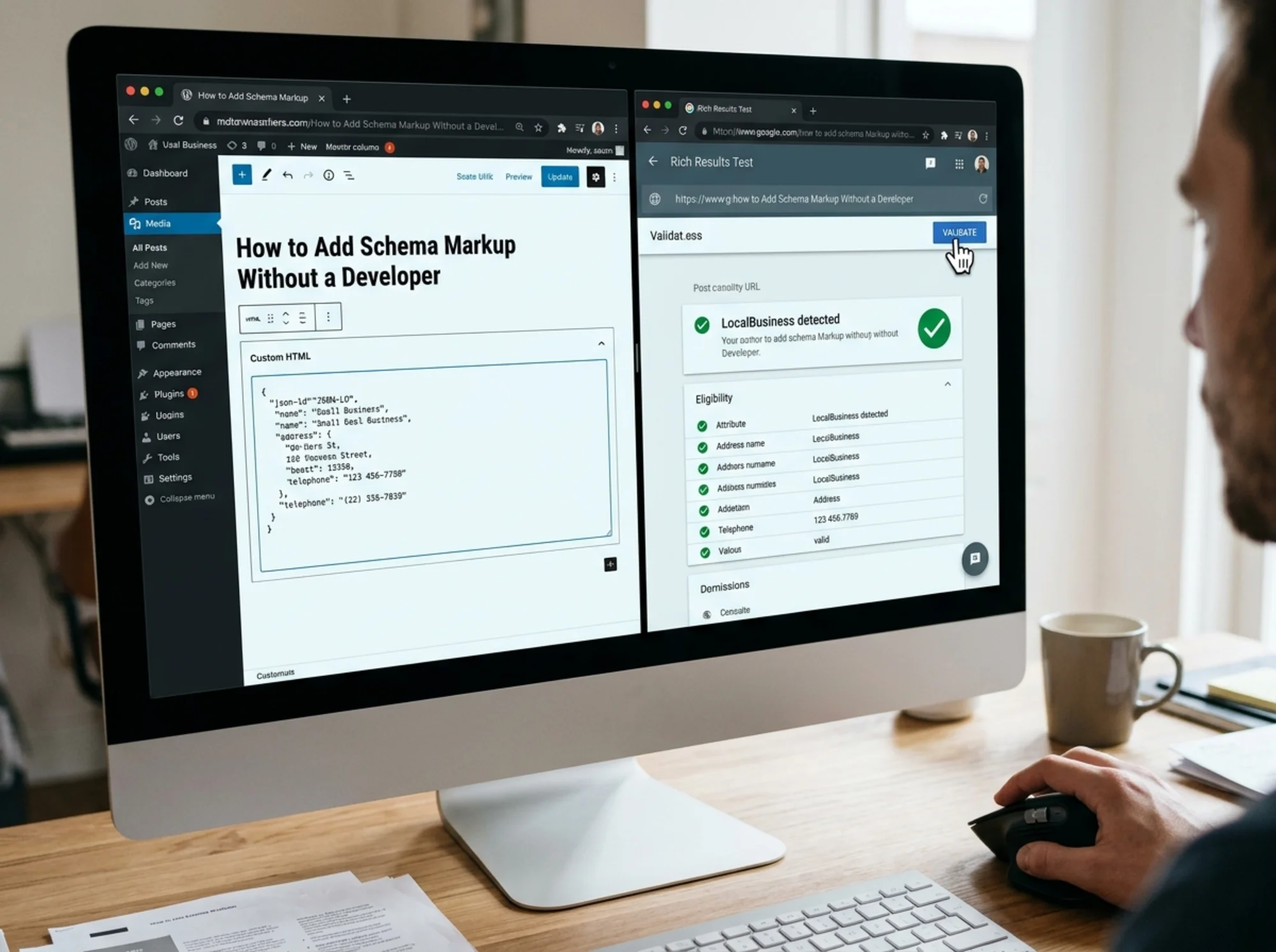 Computer screen split-view: left half shows the WordPress block editor with a JSON-LD LocalBusiness schema pasted into a Custom HTML block, right half shows Google's Rich Results Test with "LocalBusiness detected" and green eligibility checkmarks, cursor hovering over the Validate button
