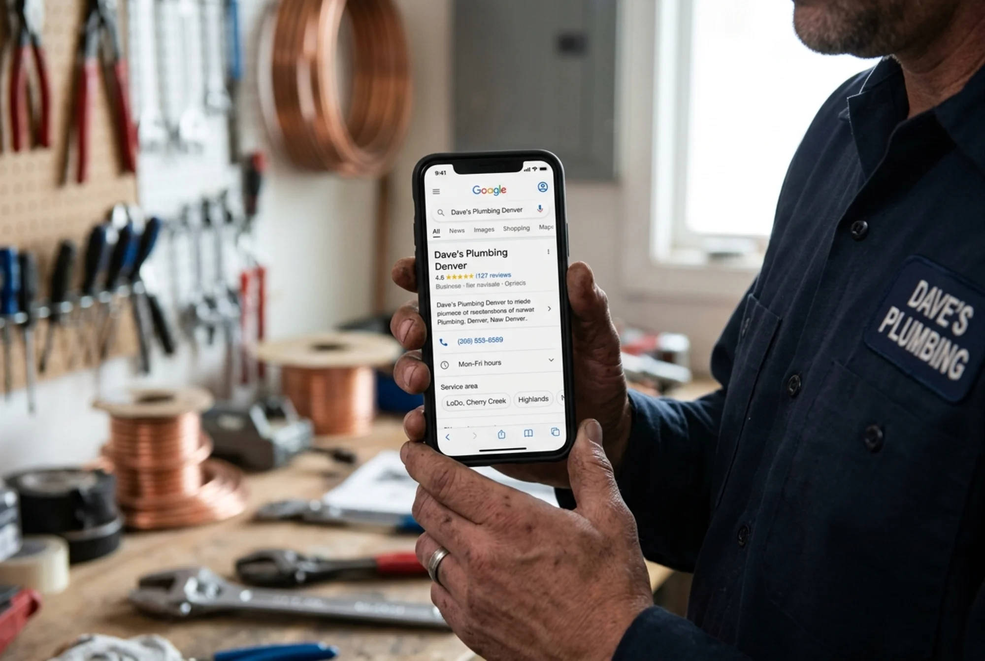 Phone screen showing a transformed Google search result for "Dave's Plumbing Denver" with 4.8 stars, 127 reviews, phone number, Mon-Fri hours, and service area chips for Denver neighborhoods, held by a plumber in a workshop with tools blurred in the background