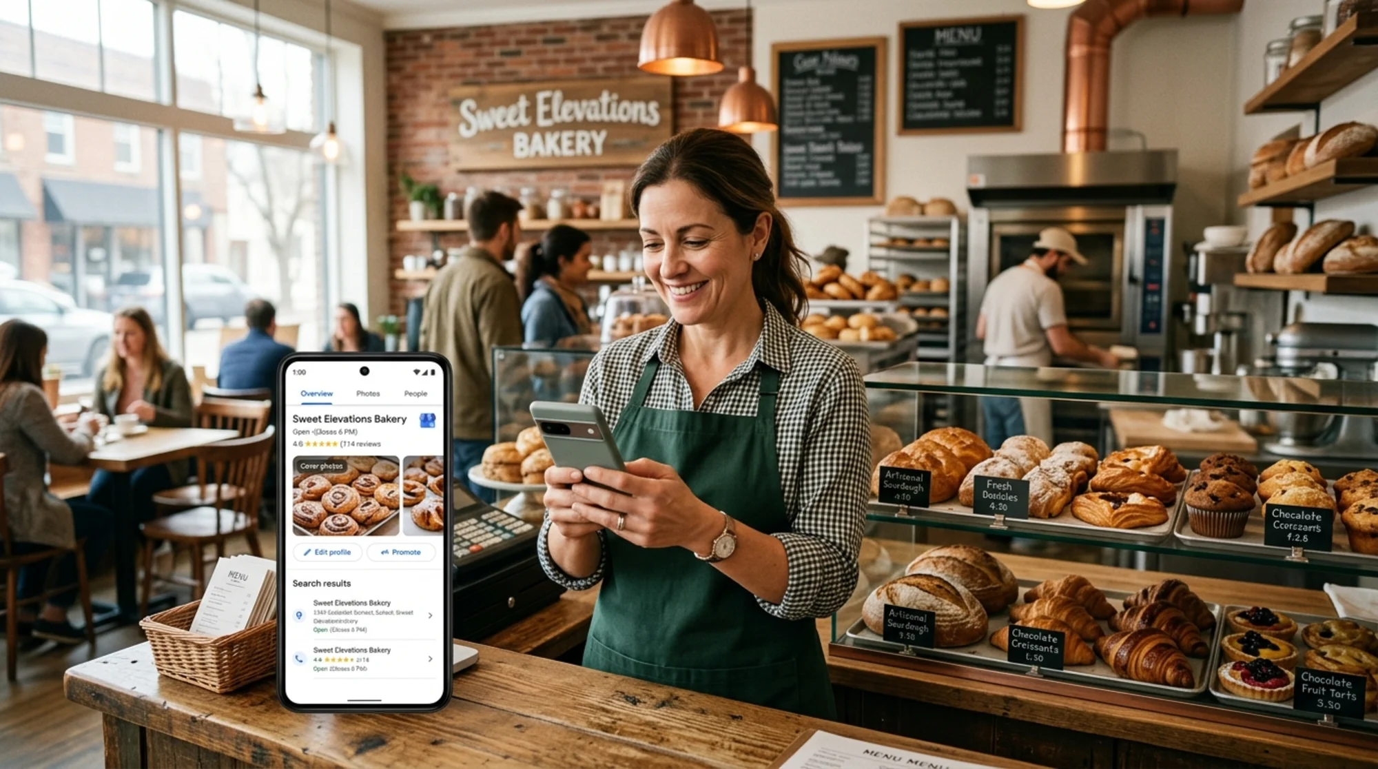 Small bakery owner standing at front counter holding a phone showing her Google Business Profile listing with photos of pastries, the open shop visible behind her in soft morning light