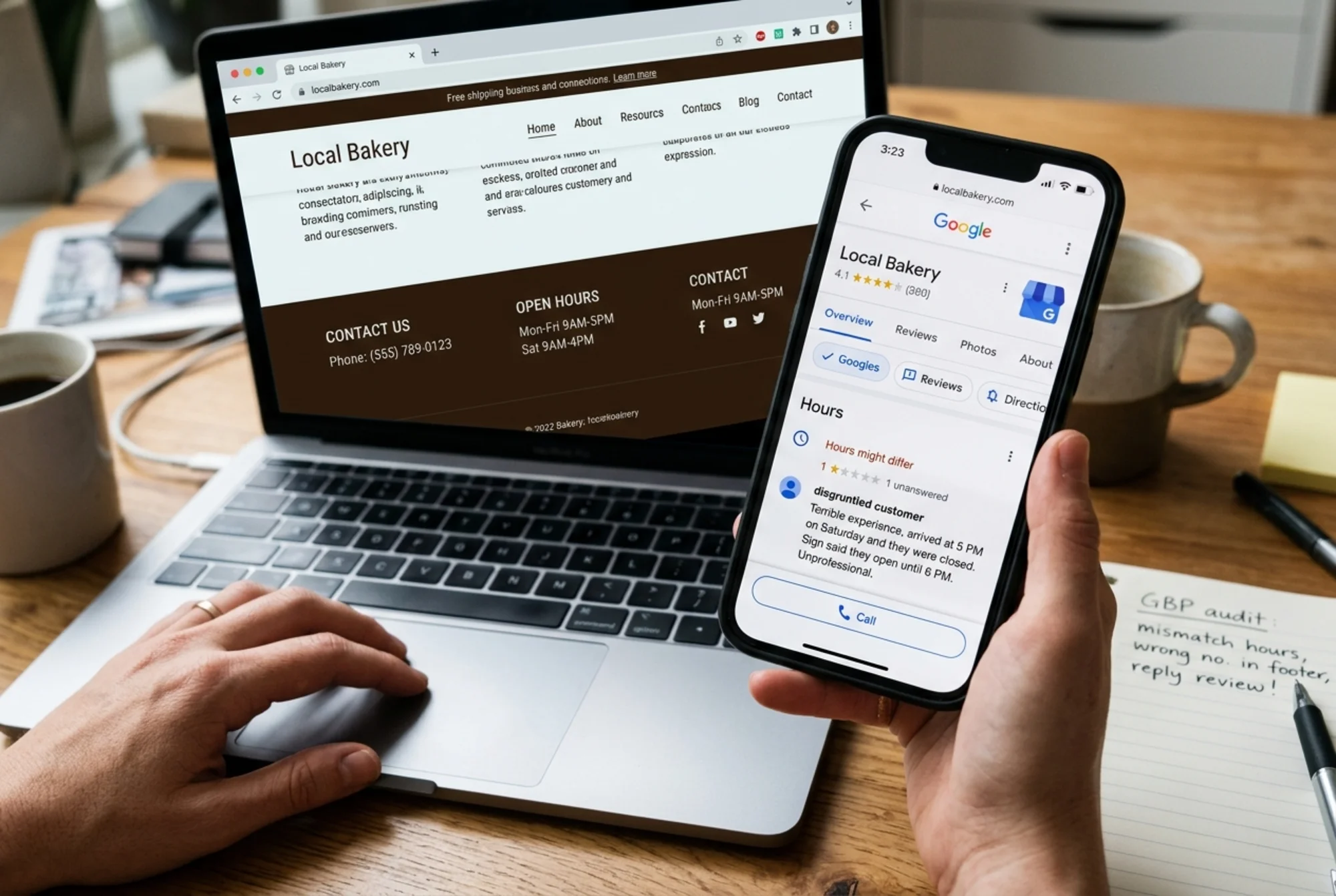 Close-up of a Google Business Profile listing on mobile showing mismatched hours and an unanswered one-star review, with the business website tab open behind it showing a different phone number in the footer
