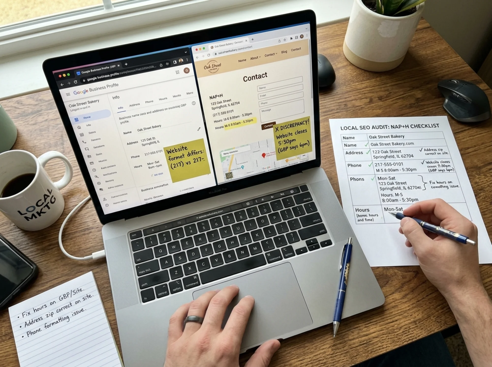 Overhead view of a local marketing manager's desk with a printed NAP+H checklist next to an open laptop showing both the GBP dashboard and the website contact page, sticky notes flagging discrepancies between the two