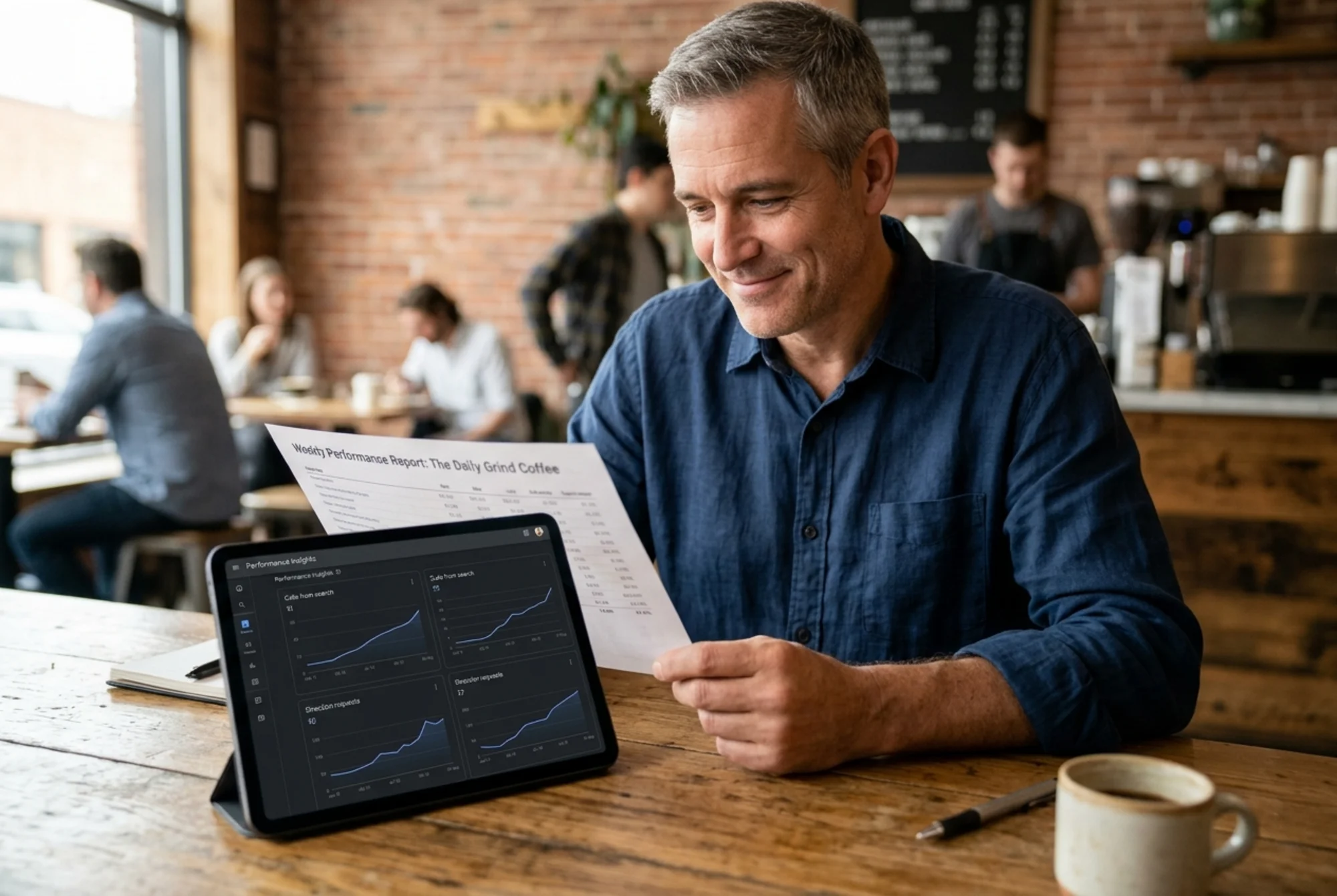 Coffee shop owner reading a printed weekly report at a wooden table, smiling slightly, with a tablet beside him showing rising "Calls from search" and "Direction requests" lines in the GBP performance view