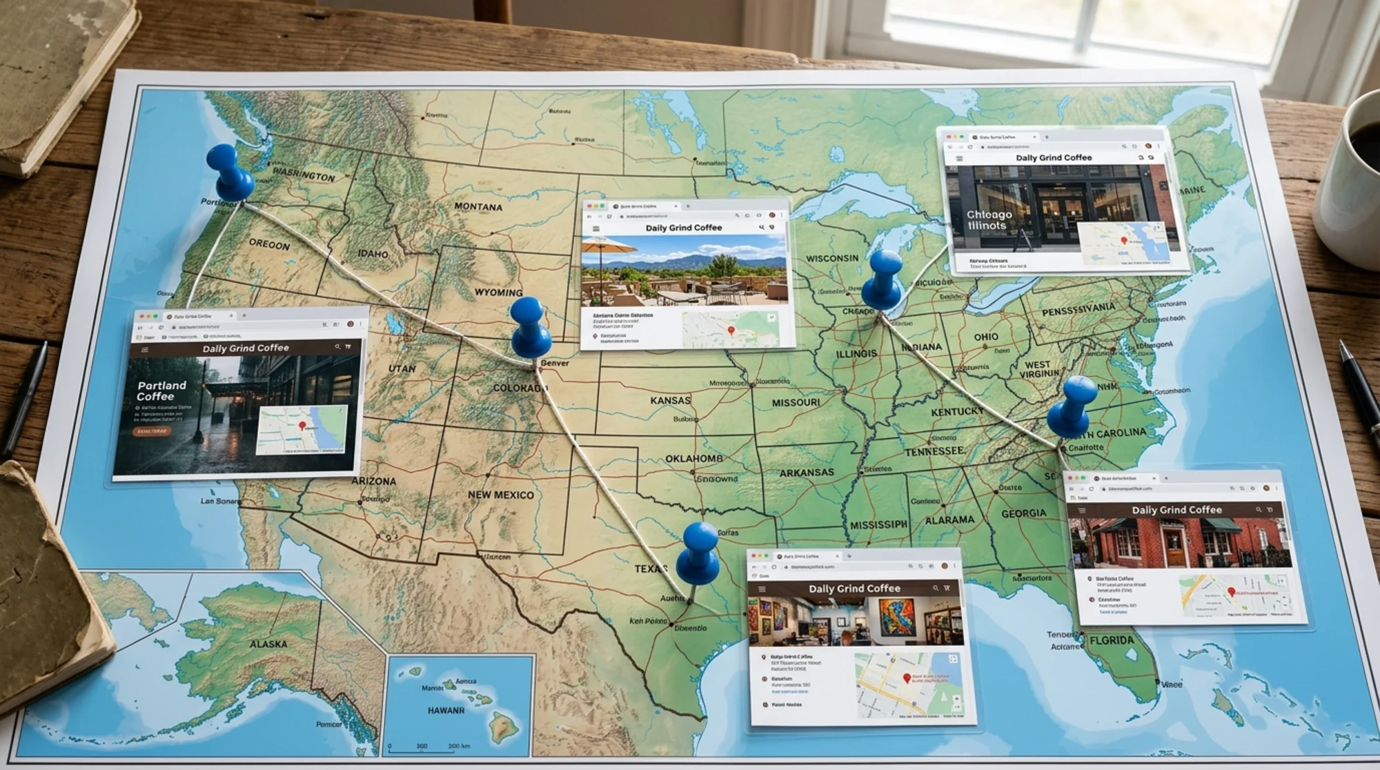 Overhead view of a US map with pins marking five storefronts of the same coffee chain, each pin connected to a small browser window showing a unique location page