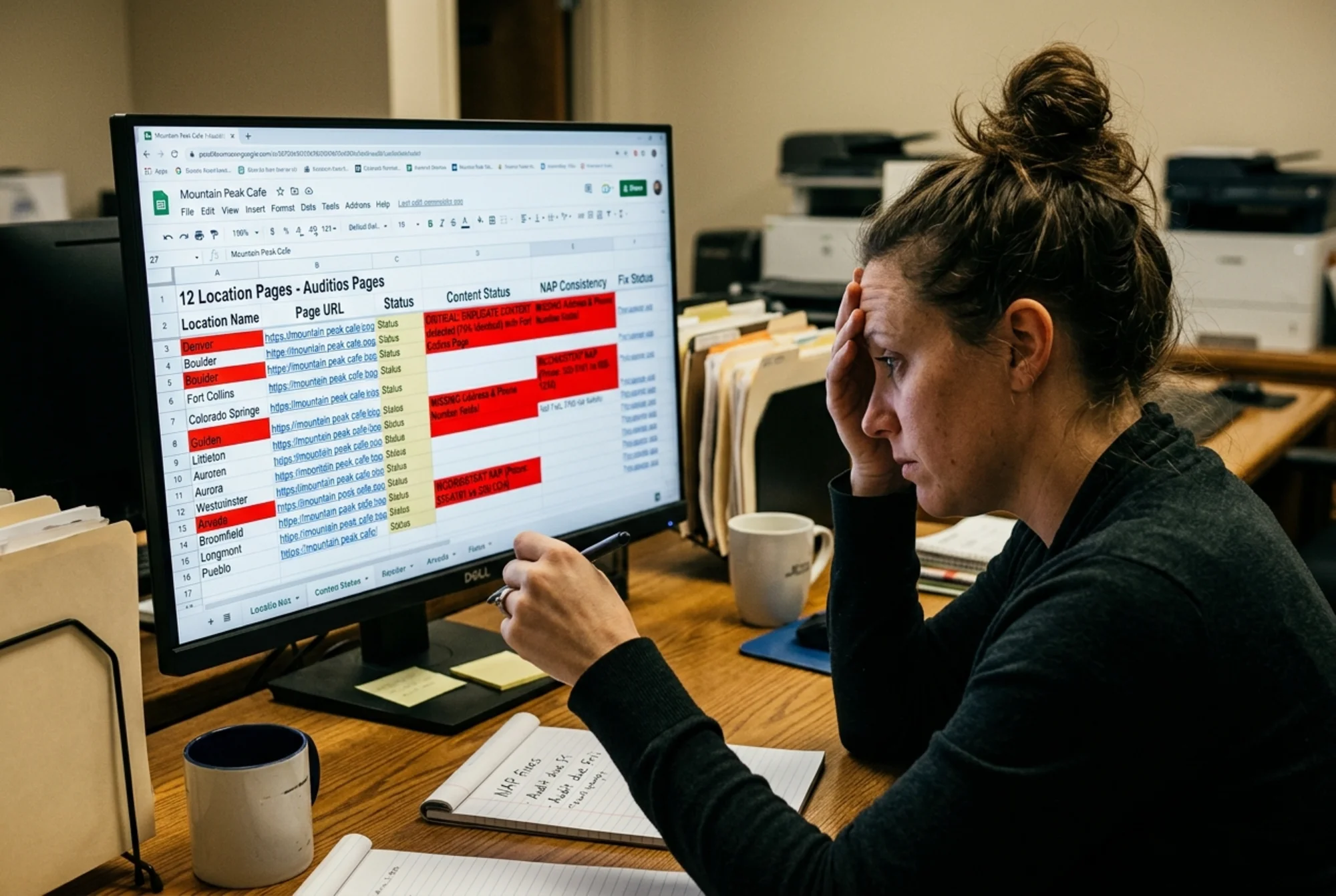 A frustrated franchise marketing manager looking at a spreadsheet showing 12 location pages with duplicate content warnings and missing NAP fields highlighted in red