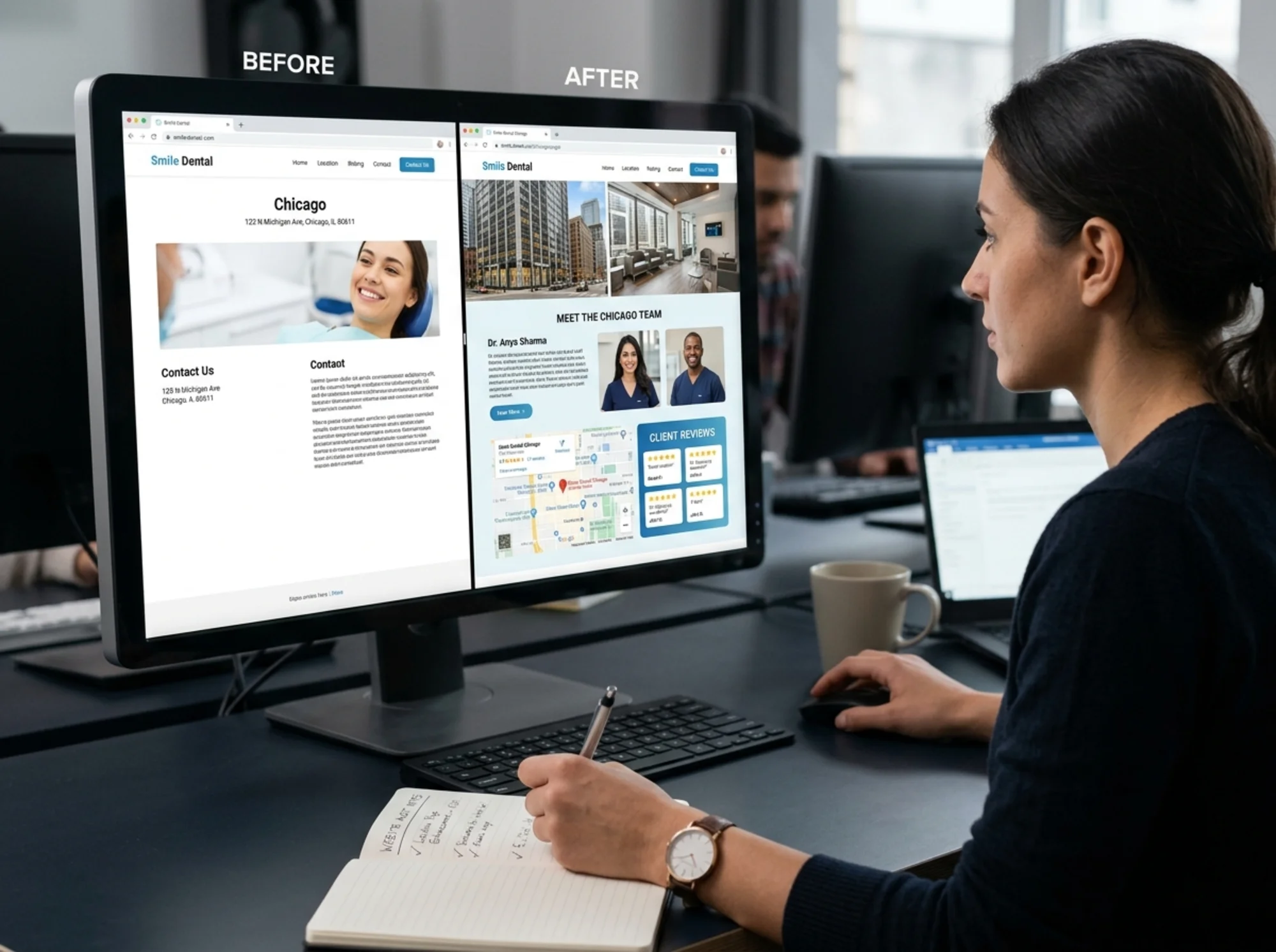 Side-by-side before/after of a dental practice website's Chicago location page: the "before" shows a thin generic page; the "after" shows unique photos, real staff bios, embedded map, and a 5-star review module