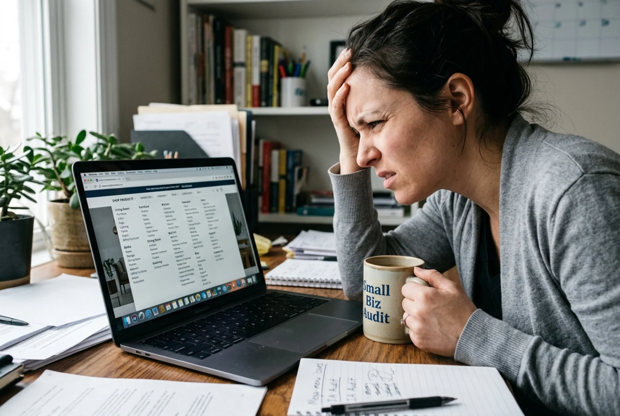 Frustrated visitor squinting at a cluttered website mega-menu packed with 30+ overlapping category links on a laptop screen in a small office, with a confused expression and a coffee mug nearby