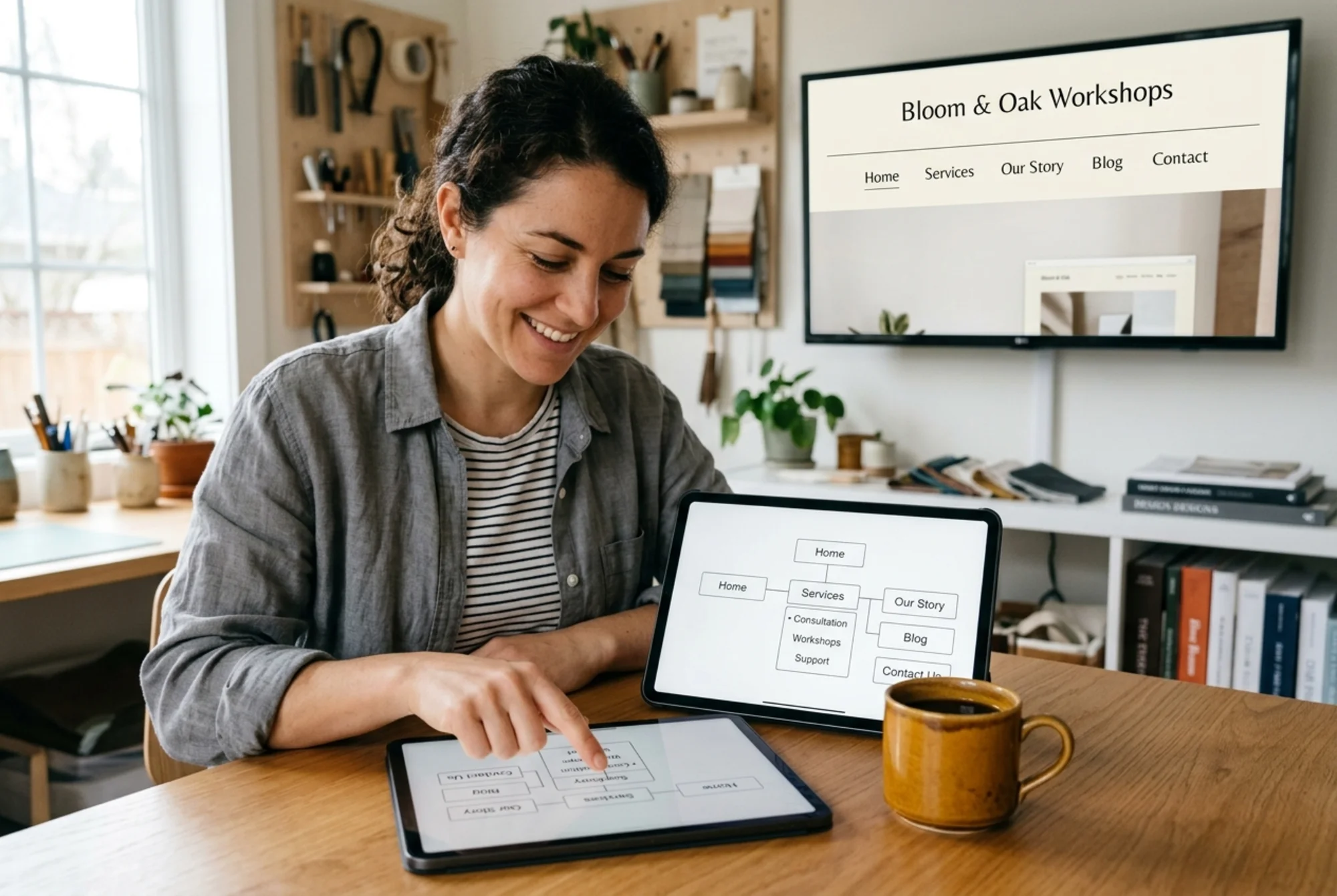 Small business owner smiling while reviewing a clean, simplified website sitemap on a tablet next to a coffee cup, with the redesigned site navigation bar visible on a monitor in the background