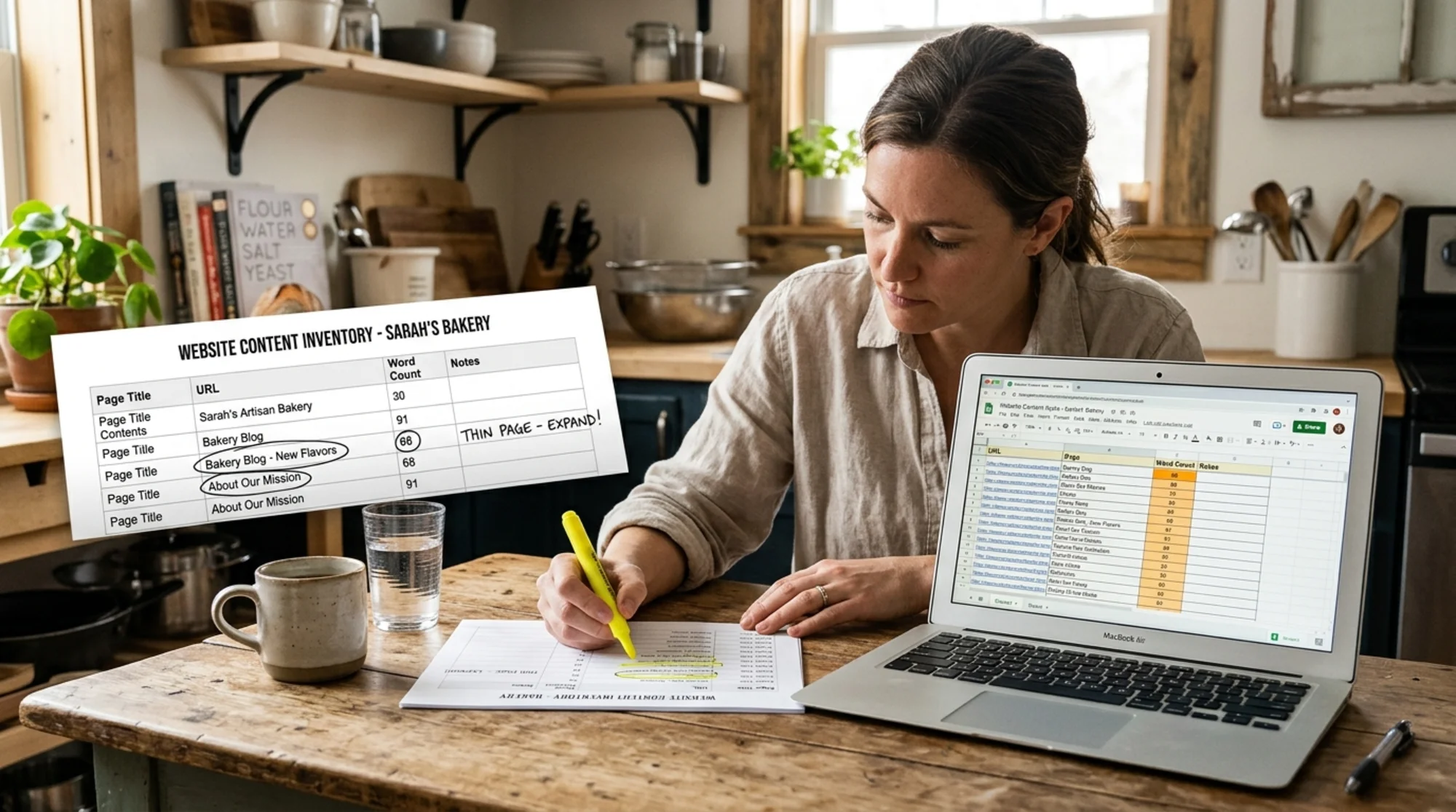 Small business owner at a kitchen table reviewing a printed content inventory of a bakery website, highlighter circling page titles flagged with low word counts, laptop beside them showing the same inventory in a spreadsheet