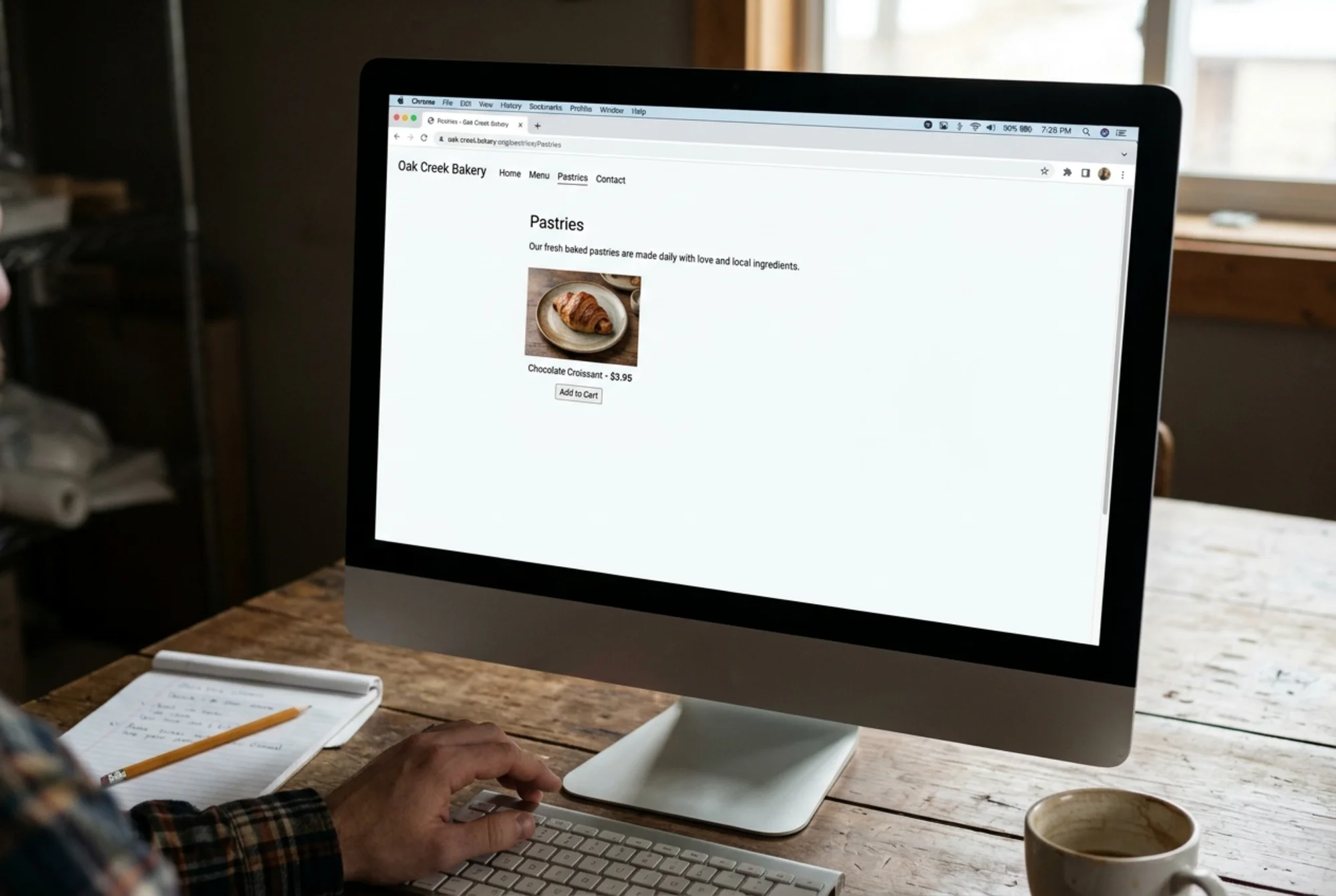 A nearly empty "Pastries" category page on a small bakery website in a desktop browser, showing one short sentence of intro, a single product thumbnail, and large stretches of empty white space below the fold