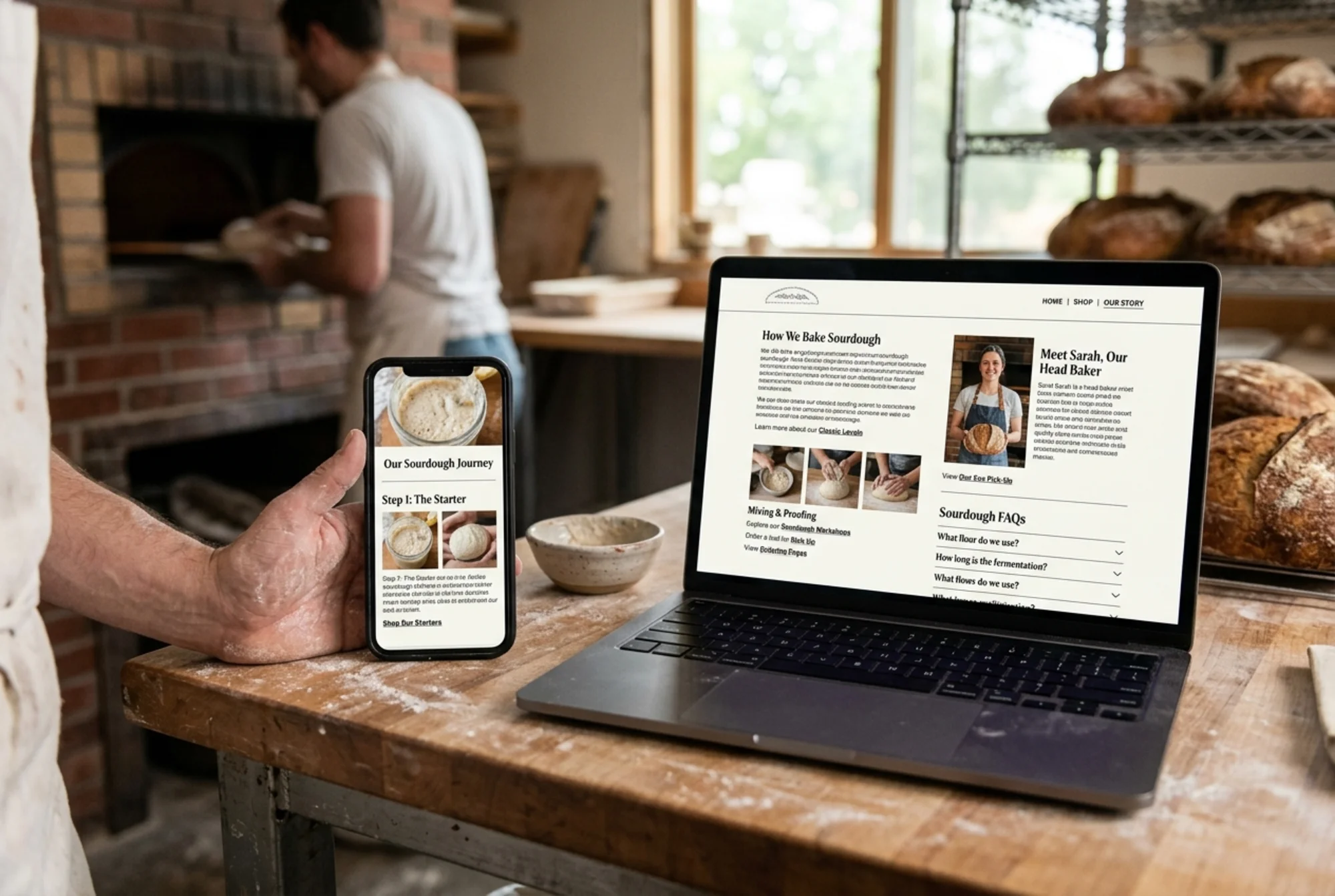 A rebuilt "About Our Sourdough" page on the same bakery site shown on a phone and a laptop, featuring step-by-step process photos, a baker's bio, an FAQ block, and visible internal links to product and ordering pages