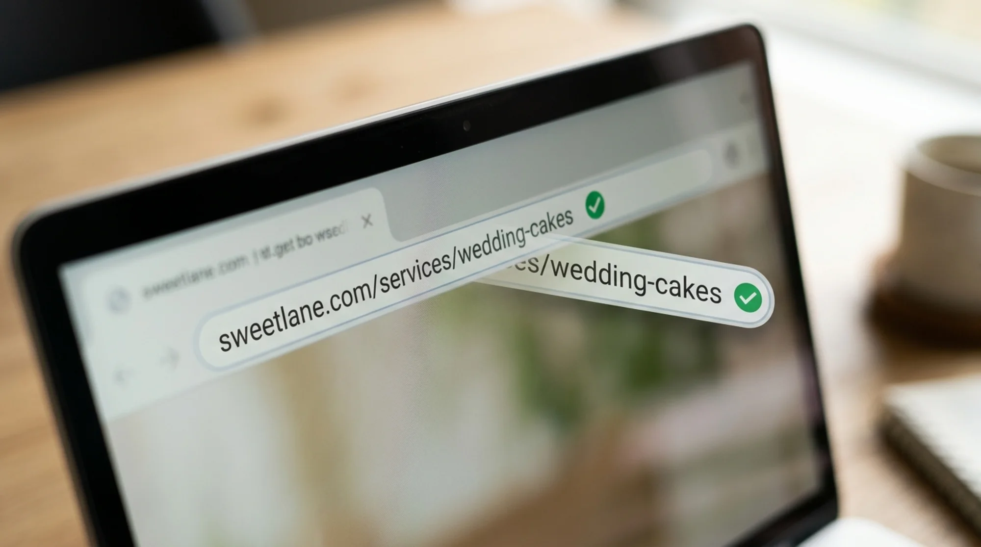 Close-up of a browser address bar showing a clean readable URL "sweetlane.com/services/wedding-cakes" with a small green check mark icon, the rest of the browser tab faintly visible above, soft natural window light, shallow depth of field