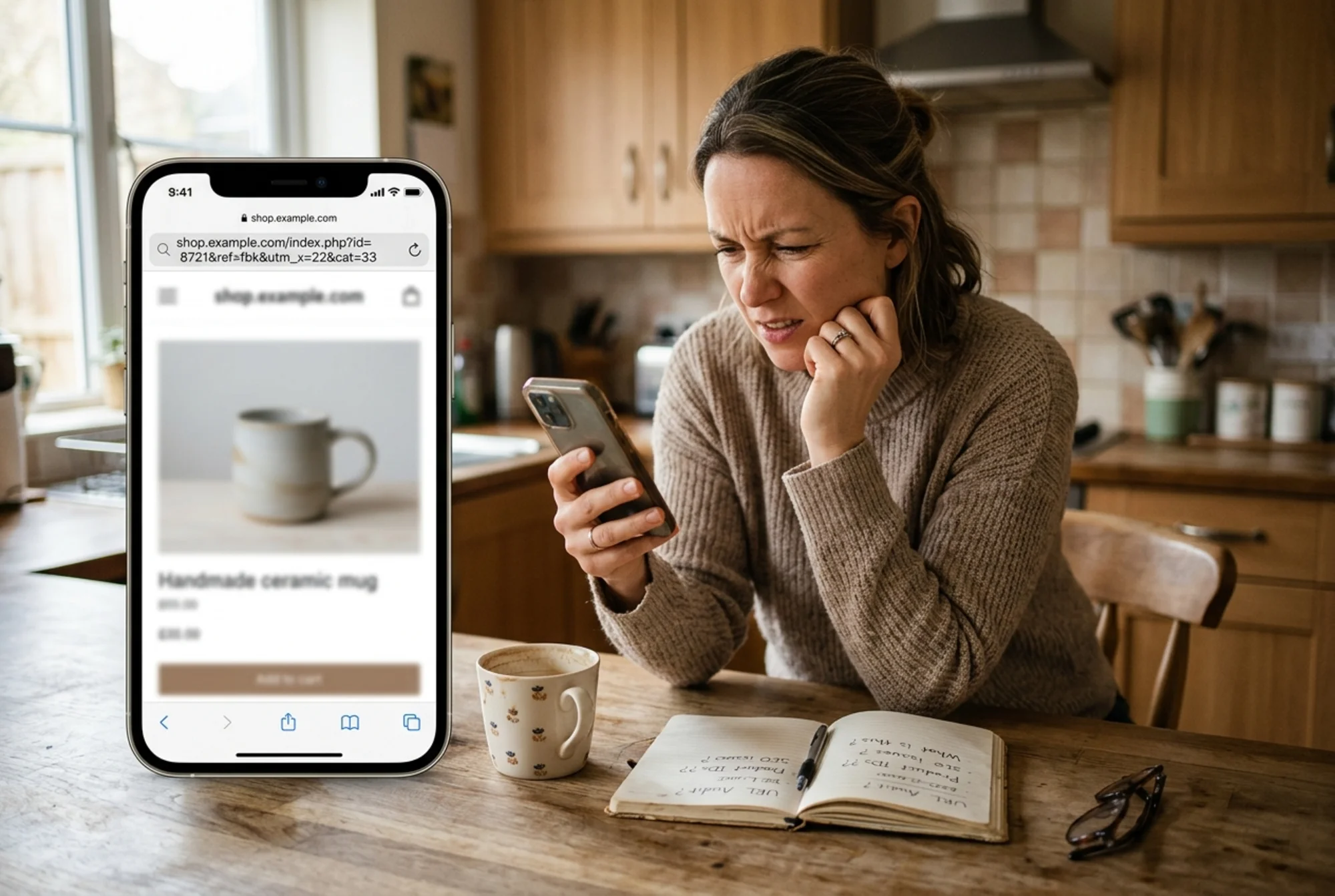 A small business owner at a kitchen counter squinting at her phone, the screen showing a long cluttered URL "shop.example.com/index.php?id=8721&ref=fbk&utm_x=22&cat=33", coffee mug and notebook beside her, mild frustration on her face, warm overhead light
