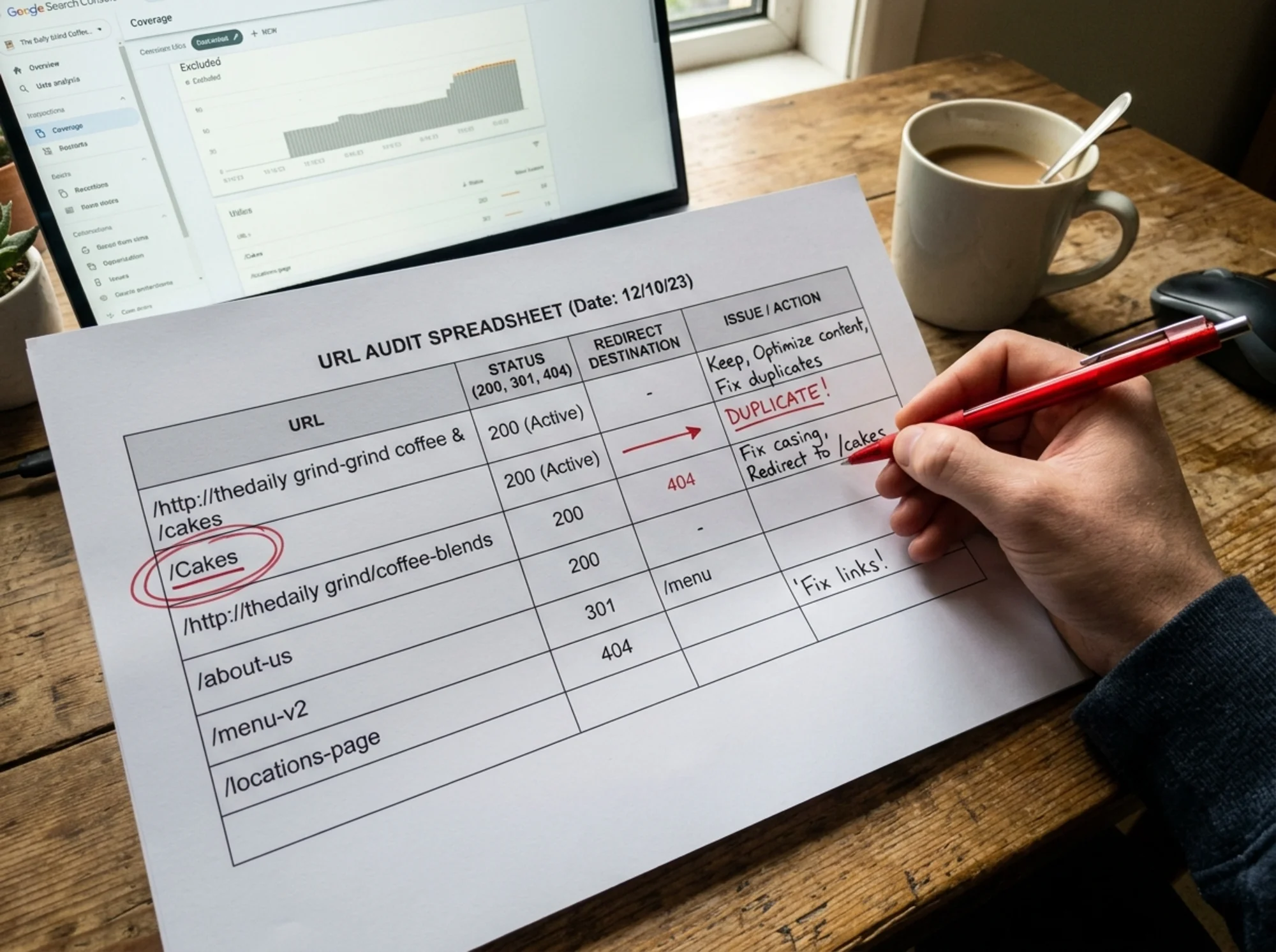 A printed URL audit spreadsheet on a wooden desk, columns labeled "URL", "Status", "Redirect", "Issue", a red pen mid-stroke circling two near-duplicate slugs like "/Cakes" and "/cakes", a laptop and a Search Console tab partly visible in the background