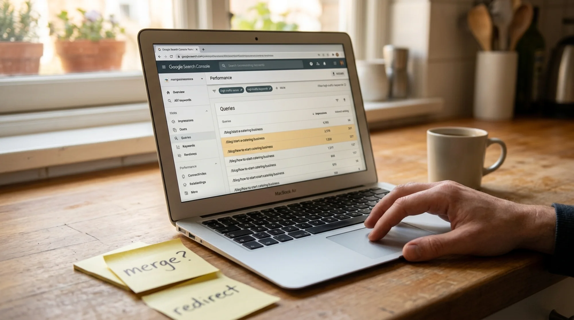 Hero image: laptop displaying a Google Search Console performance dashboard with two competing blog post URLs highlighted in the queries report, sticky notes nearby with "merge?" and "redirect" written in marker, small business owner's hand resting on the trackpad, warm morning light through a kitchen window
