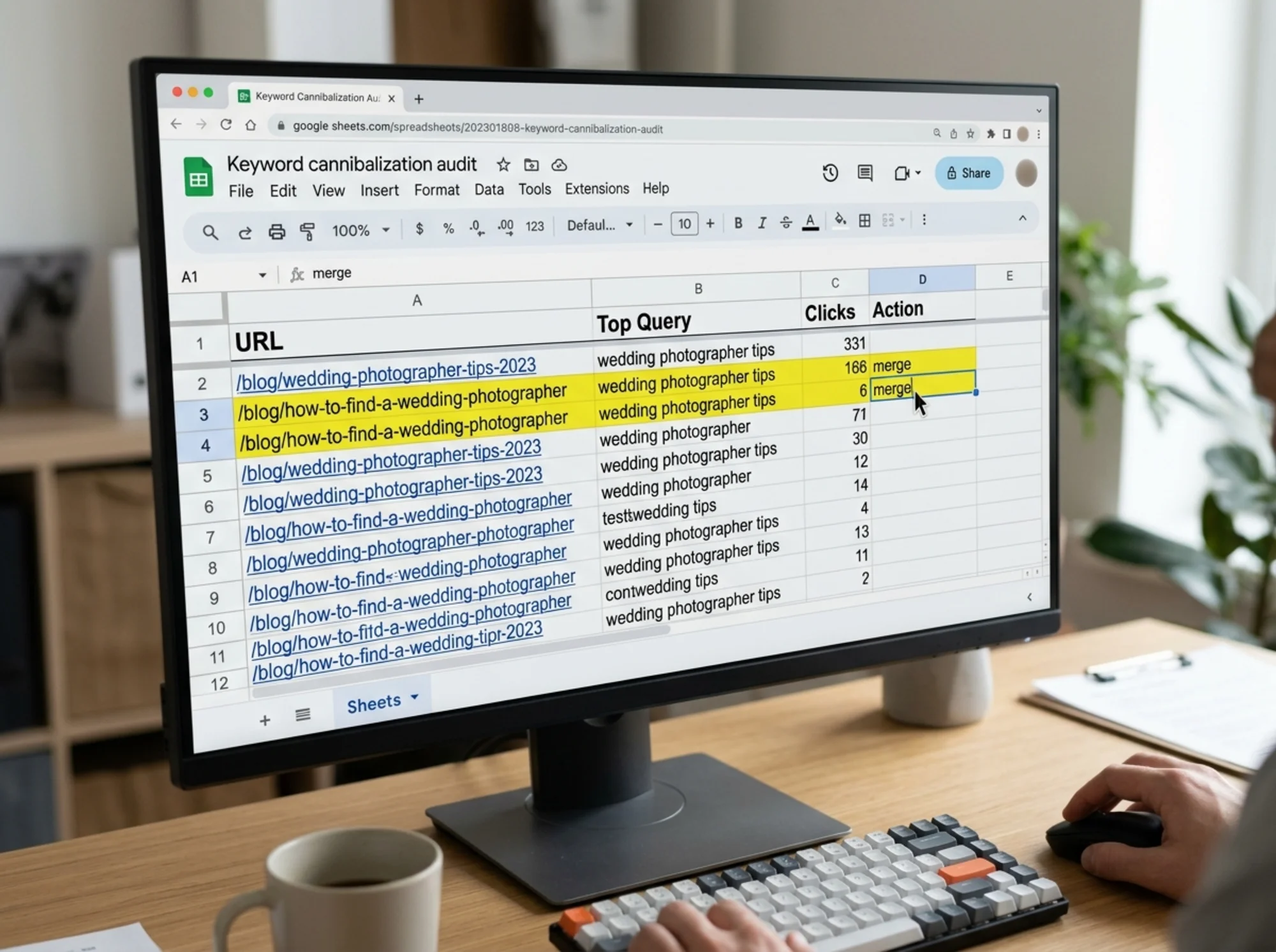 Process-analysis image: a Google Sheets window on a monitor with columns labeled URL, Top Query, Clicks, and Action, sorted so two rows about "wedding photographer tips" sit next to each other highlighted in yellow, cursor hovering over the Action cell where someone is typing "merge"