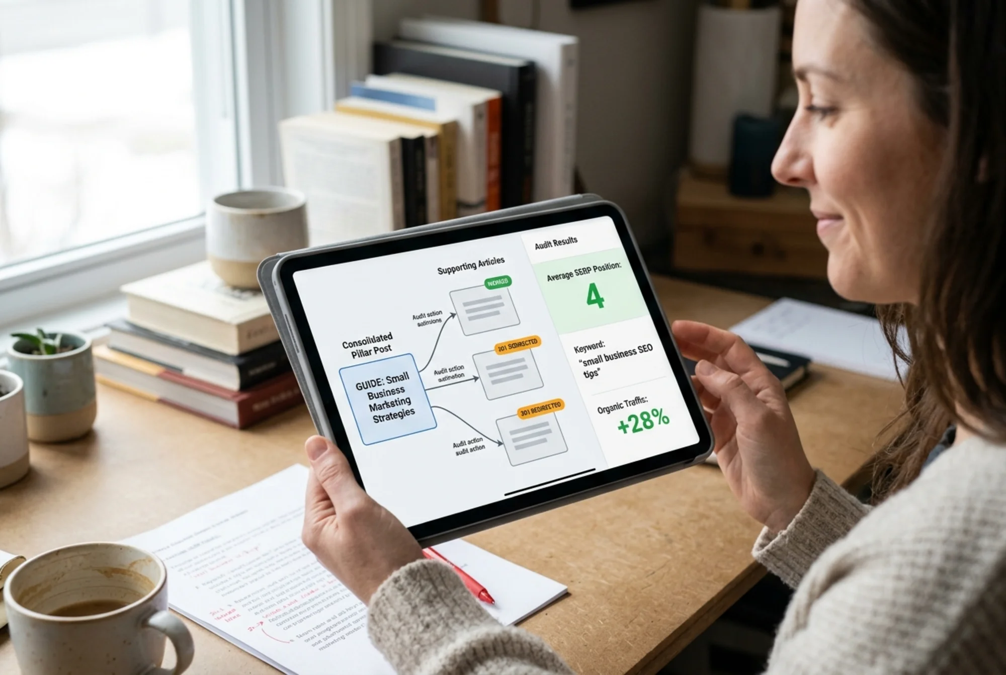 Outcome-transformation image: a digital content map on a tablet screen showing one consolidated pillar blog post connected by arrows to three supporting articles, small labels reading "merged" and "301 redirected", a sidebar metric showing position 4 in green