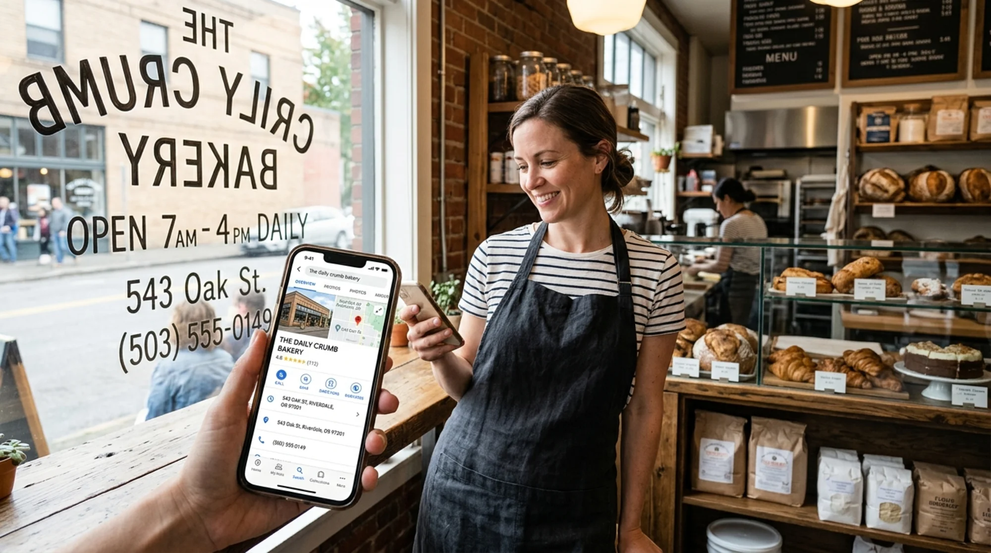 Small business owner standing inside a corner bakery holding a phone showing a Google Business Profile with the shop's name, address, and phone number, storefront window with hand-painted hours visible behind them