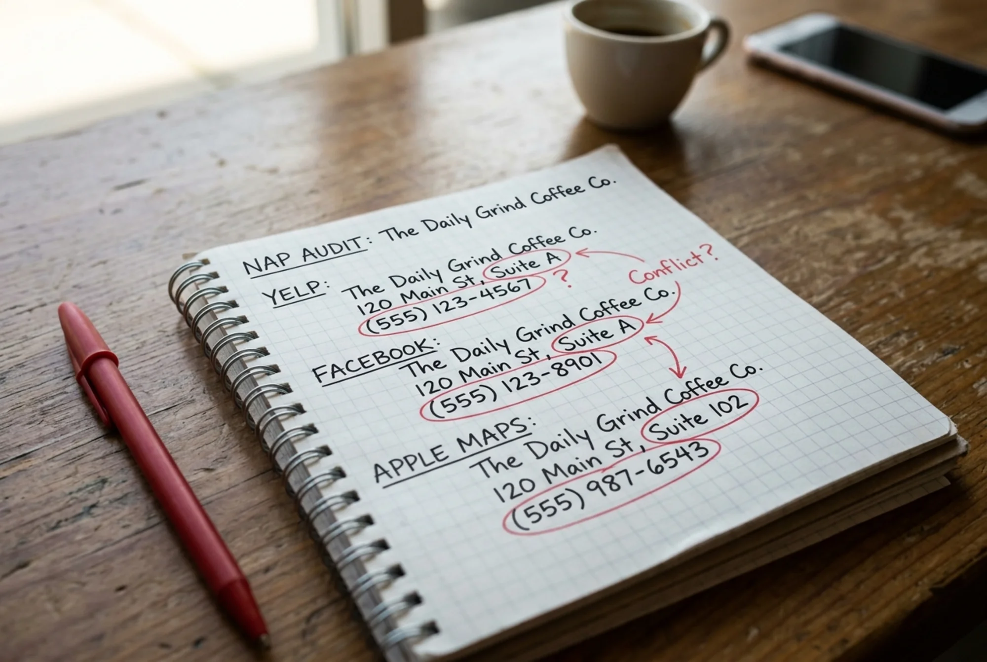 Close-up of a notebook page listing the same coffee shop on Yelp, Facebook, and Apple Maps with three different phone numbers and two different suite numbers circled in red pen