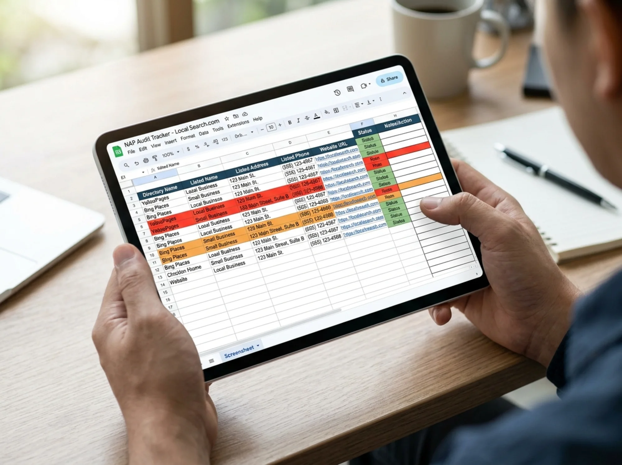 Spreadsheet view on a tablet showing a NAP audit tracker with columns for directory name, listed address, listed phone, status, and last verified date, with several rows highlighted as mismatches