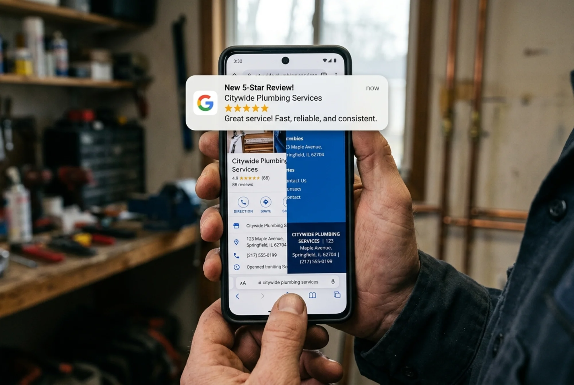 A local plumber's Google Business Profile and website footer side by side on a phone screen, both showing identical name, address, and phone, with a five-star review notification appearing on top