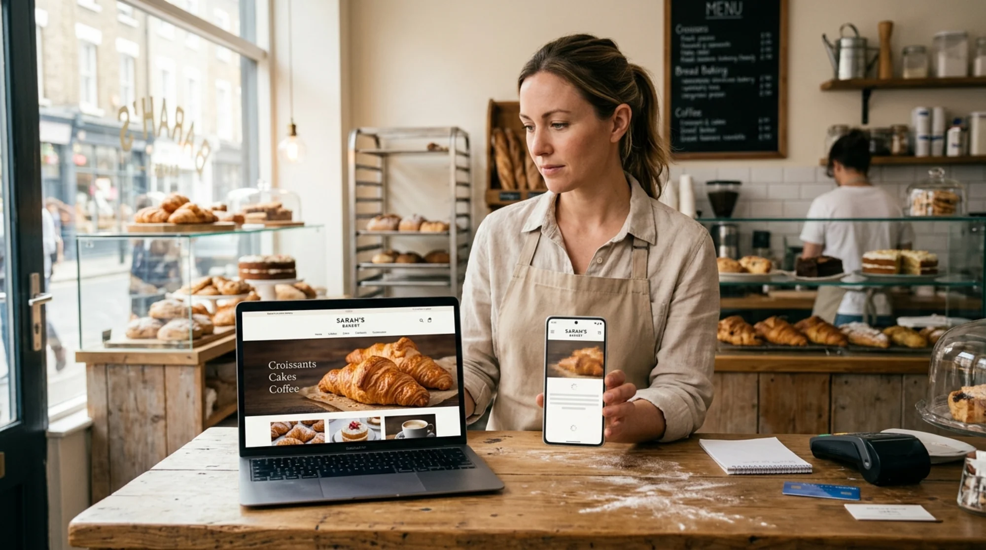 A small bakery owner standing at her front counter holding a phone next to an open laptop, both showing the same bakery homepage but the phone version is visibly slower with a half-loaded hero image of croissants, warm morning light coming through the shop window