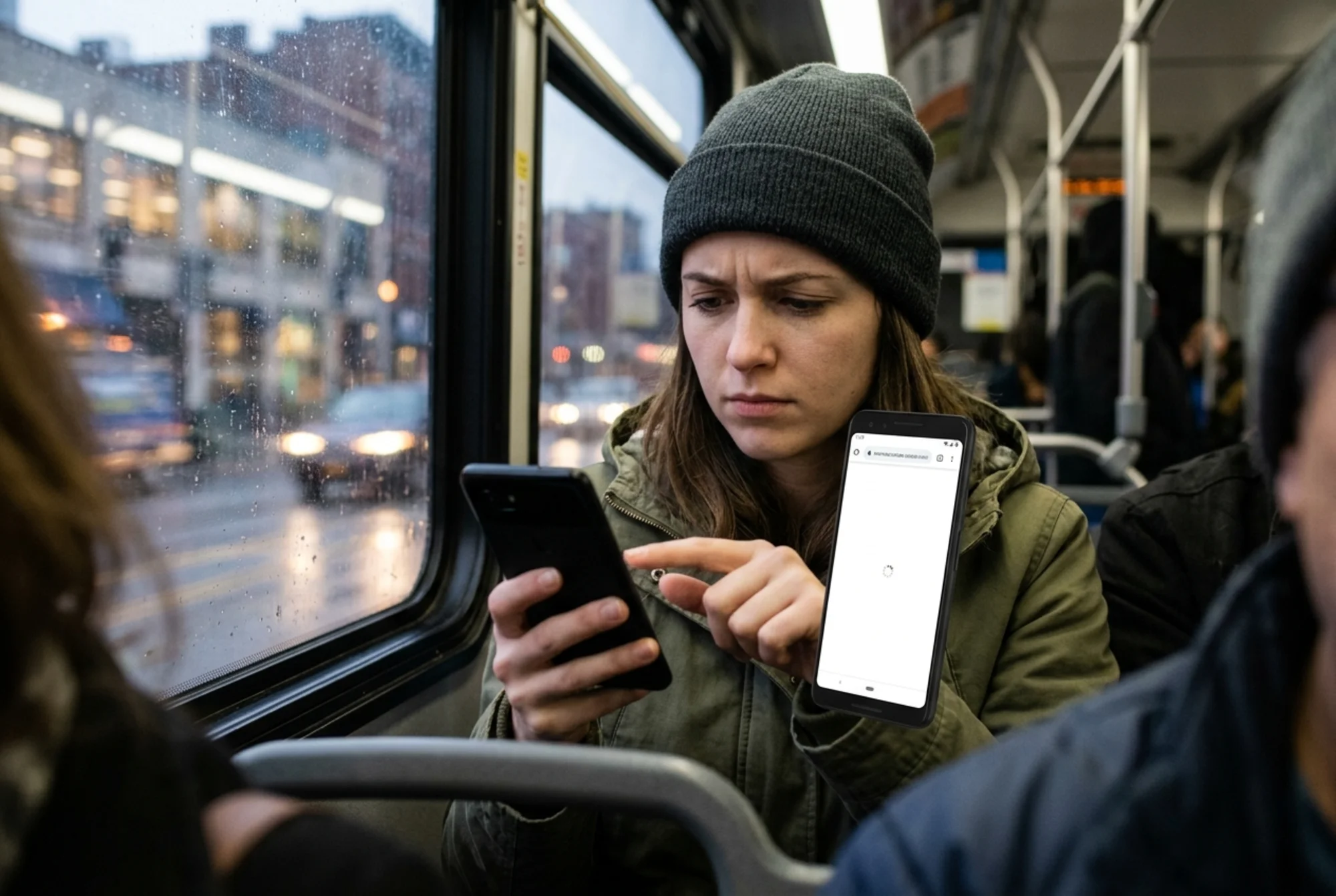 A frustrated commuter on a city bus tapping a phone screen as a clothing store product page sits stuck on a blank white screen with a small spinning loader, blurred buildings moving past the window