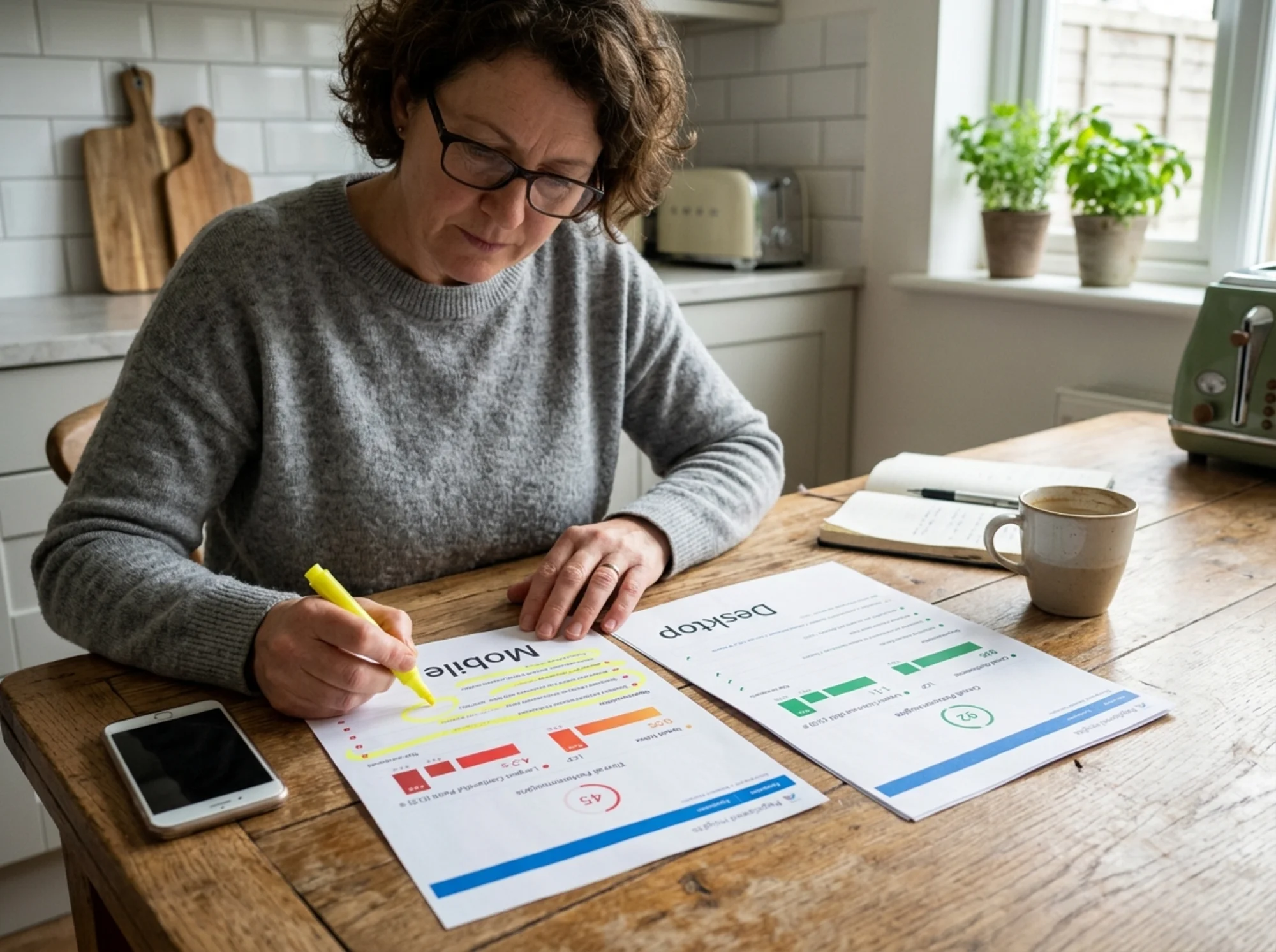 A marketer at a kitchen table comparing two side-by-side PageSpeed Insights printouts, one labeled "Mobile" with red LCP and CLS scores and one labeled "Desktop" with green scores, highlighter marks circling the worst rows