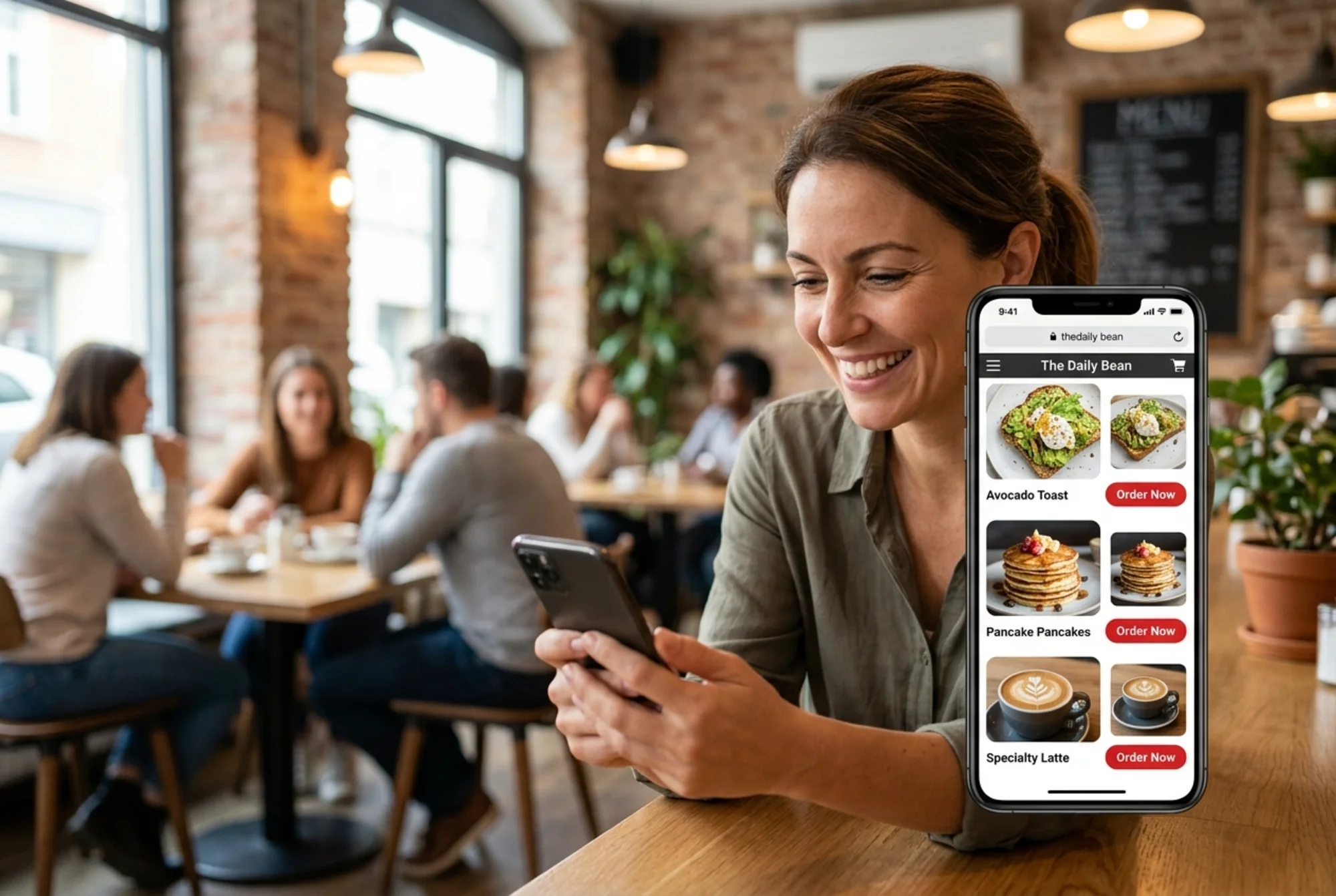 A cafe owner smiling at her phone showing a fully loaded restaurant menu page with crisp food photos and a visible "Order Now" button, customers seated and chatting in soft focus behind her