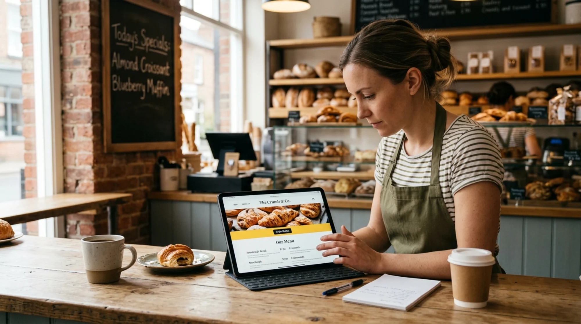 A small business owner at a bakery counter reviewing their website on a tablet, the homepage clearly visible with a menu and "Order Online" button, warm morning light, paper coffee cups and a chalkboard menu in the background