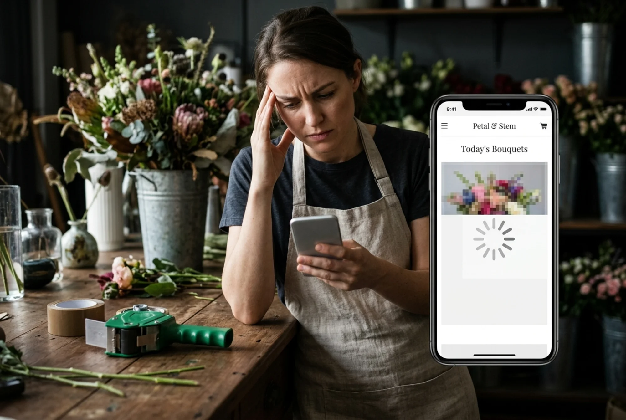 A frustrated florist on her phone showing a slow-loading shop page with a spinning loader and a half-rendered product image, dim shop interior with flower arrangements and a tape gun on the counter behind her