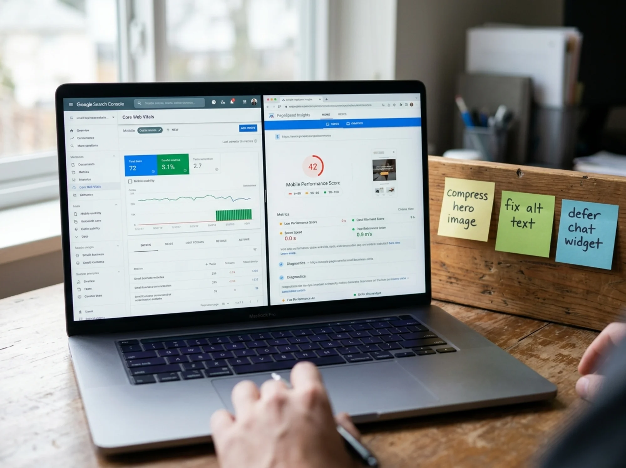 A laptop screen split between Google Search Console's Core Web Vitals report and PageSpeed Insights showing a 42 mobile score, with handwritten sticky notes nearby listing "compress hero image, fix alt text, defer chat widget"