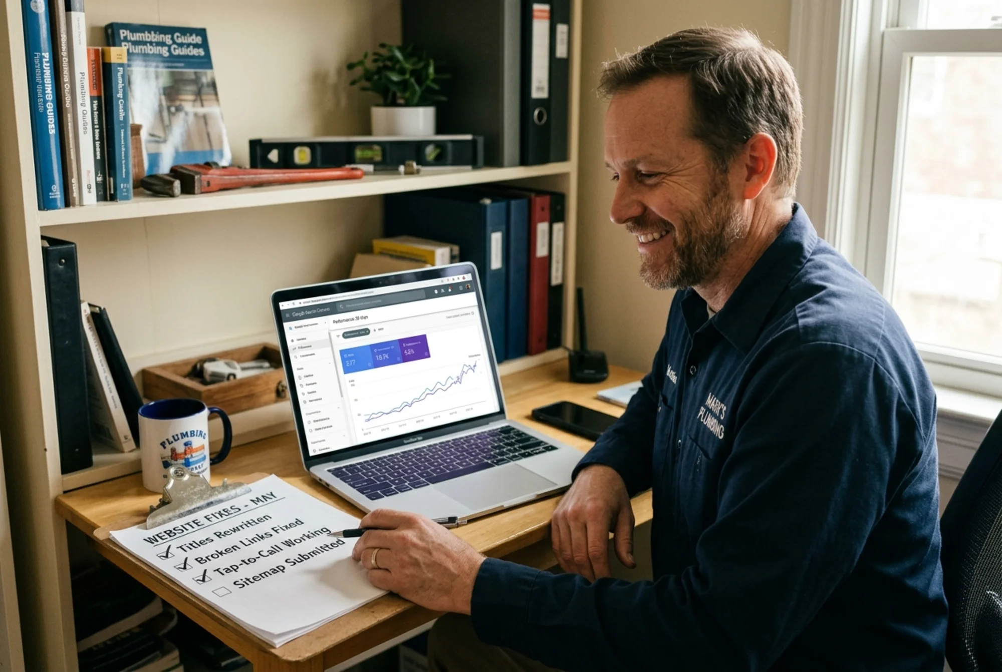 A neighborhood plumber smiling at his laptop showing a Google Search Console clicks-and-impressions graph trending upward over 30 days, a clipboard beside him with checked items: titles rewritten, broken links fixed, tap-to-call working