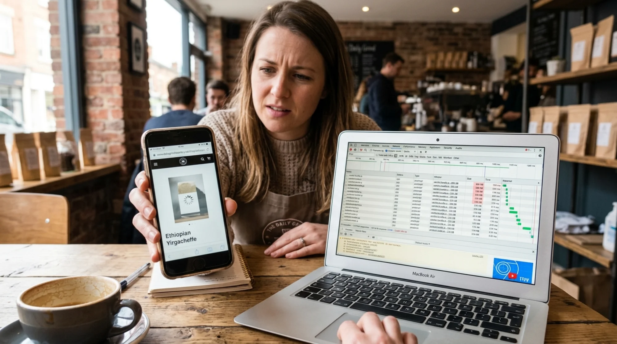 A small business owner at a cafe table holding a phone showing a slow-loading product page with a spinner, while a laptop beside them displays a Chrome DevTools Network panel filled with .js file rows measured in kilobytes