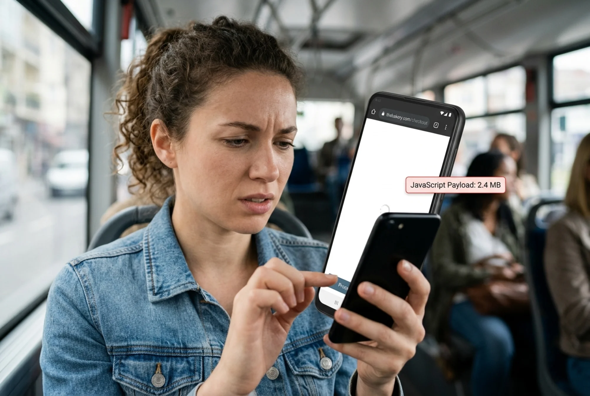 A frustrated shopper on a mobile phone watching a blank white screen on a bakery website, with a "2.4 MB JavaScript" overlay badge visible and the checkout button still not appearing on screen