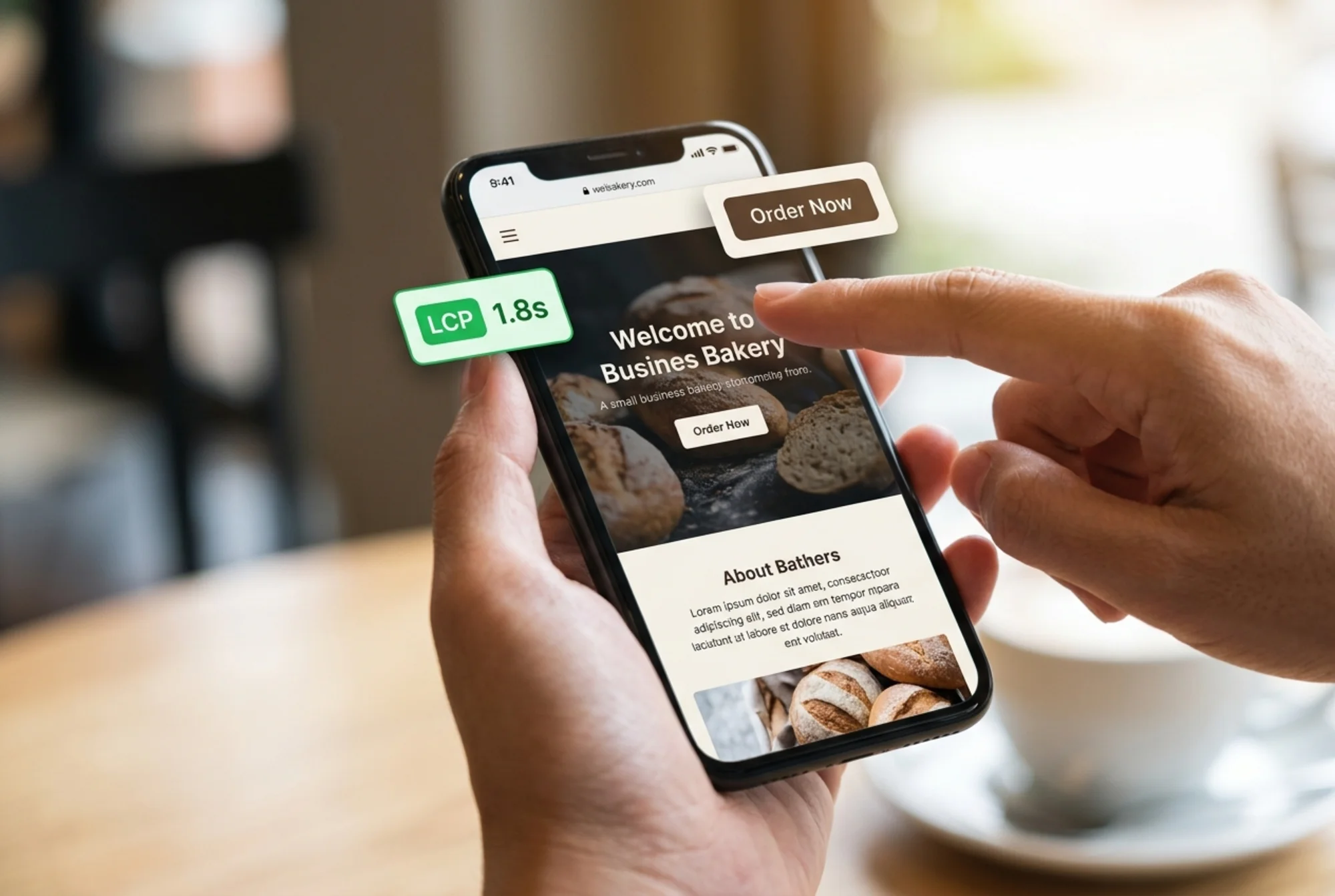 The same bakery homepage now loading instantly on a phone held in one hand, with a small floating badge showing "LCP 1.8s" in green and a customer tapping the "Order Now" button at the top of the page