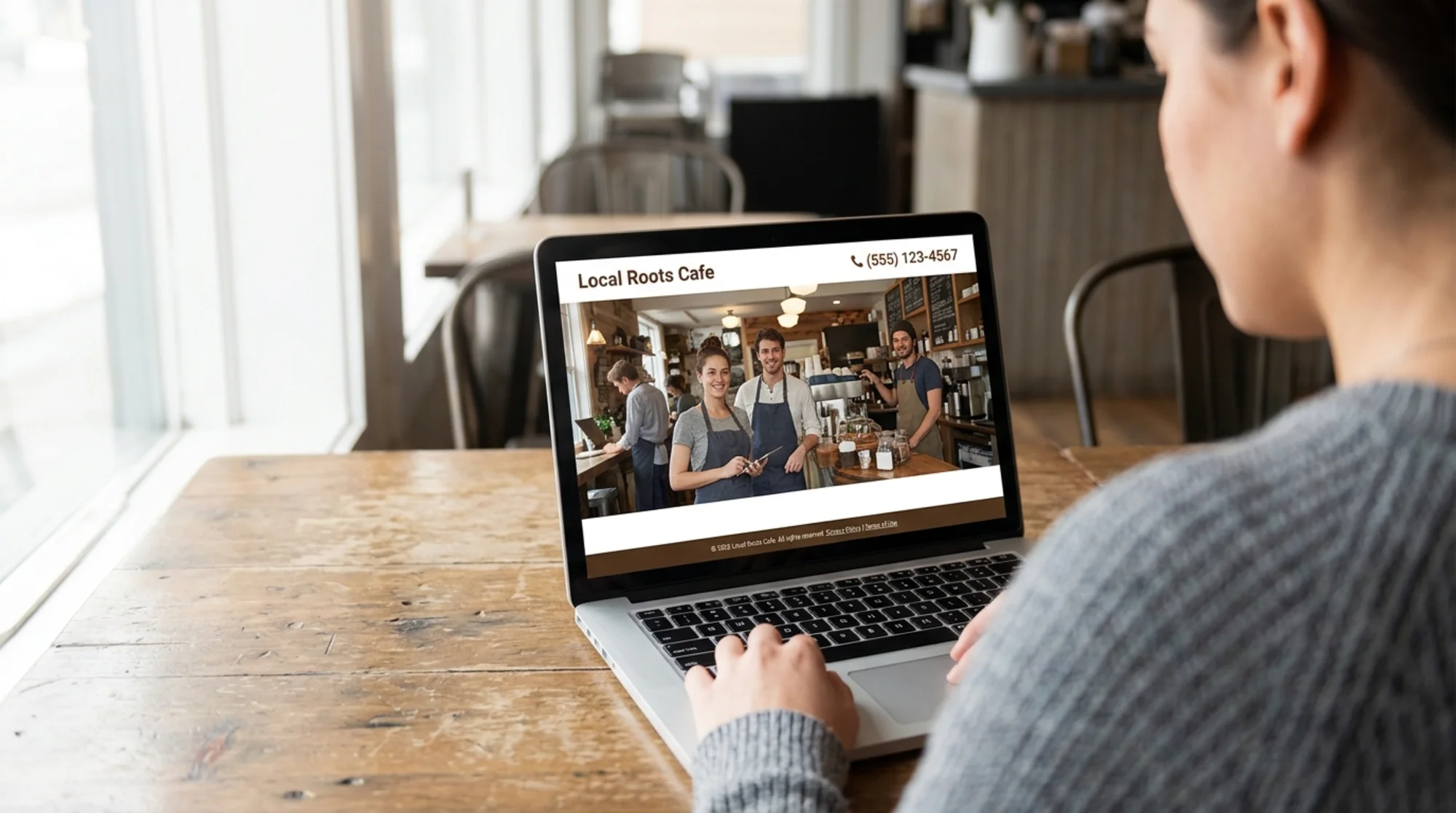 Over-the-shoulder view of a small business owner reviewing their own homepage on a laptop, the screen clearly shows a header with business name and local phone number, a hero section with a real staff photo, and a footer with a current 2026 copyright year and visible privacy and terms links
