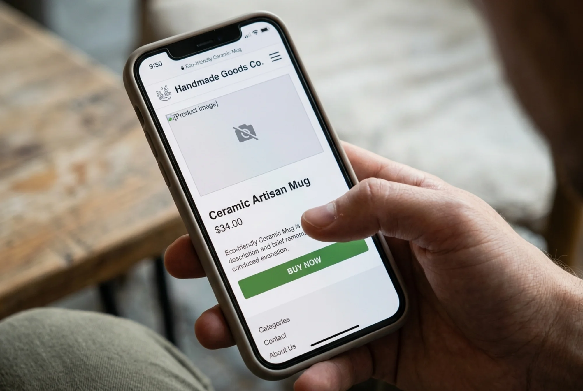 Close-up of a smartphone screen showing a product page with a prominent "Buy Now" button but no visible reviews, no return policy link, no payment trust marks, and a broken image placeholder above the fold, a thumb hovering and hesitating over the button