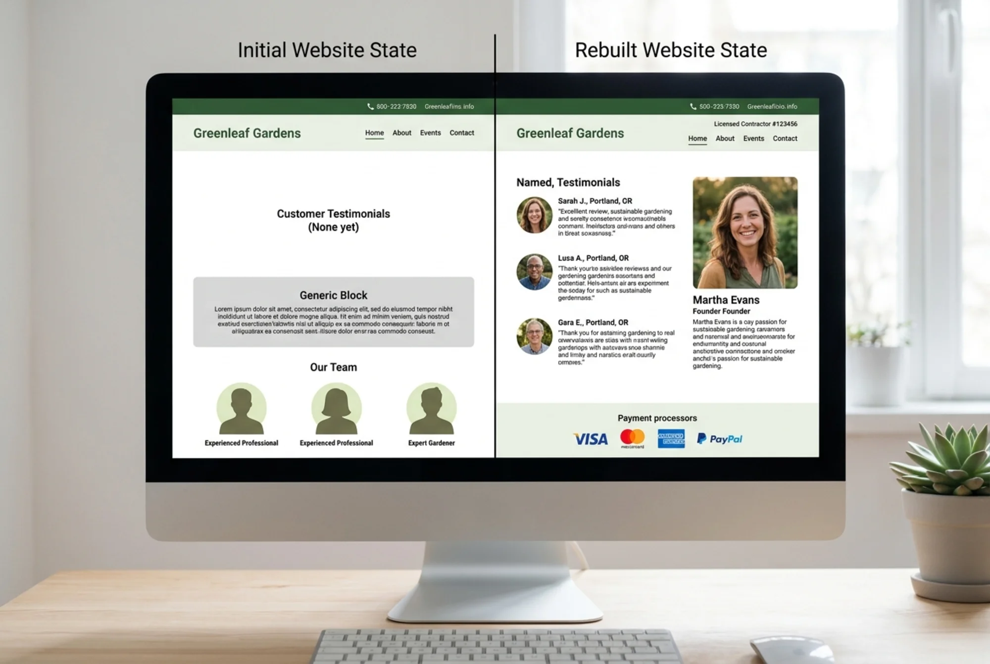 Split-screen comparison on a single monitor: left side shows a sparse homepage with no reviews and a generic "Our Team" block, right side shows the same homepage rebuilt with named testimonials, a founder photo with a short bio, a license number in the header, and visible payment processor logos