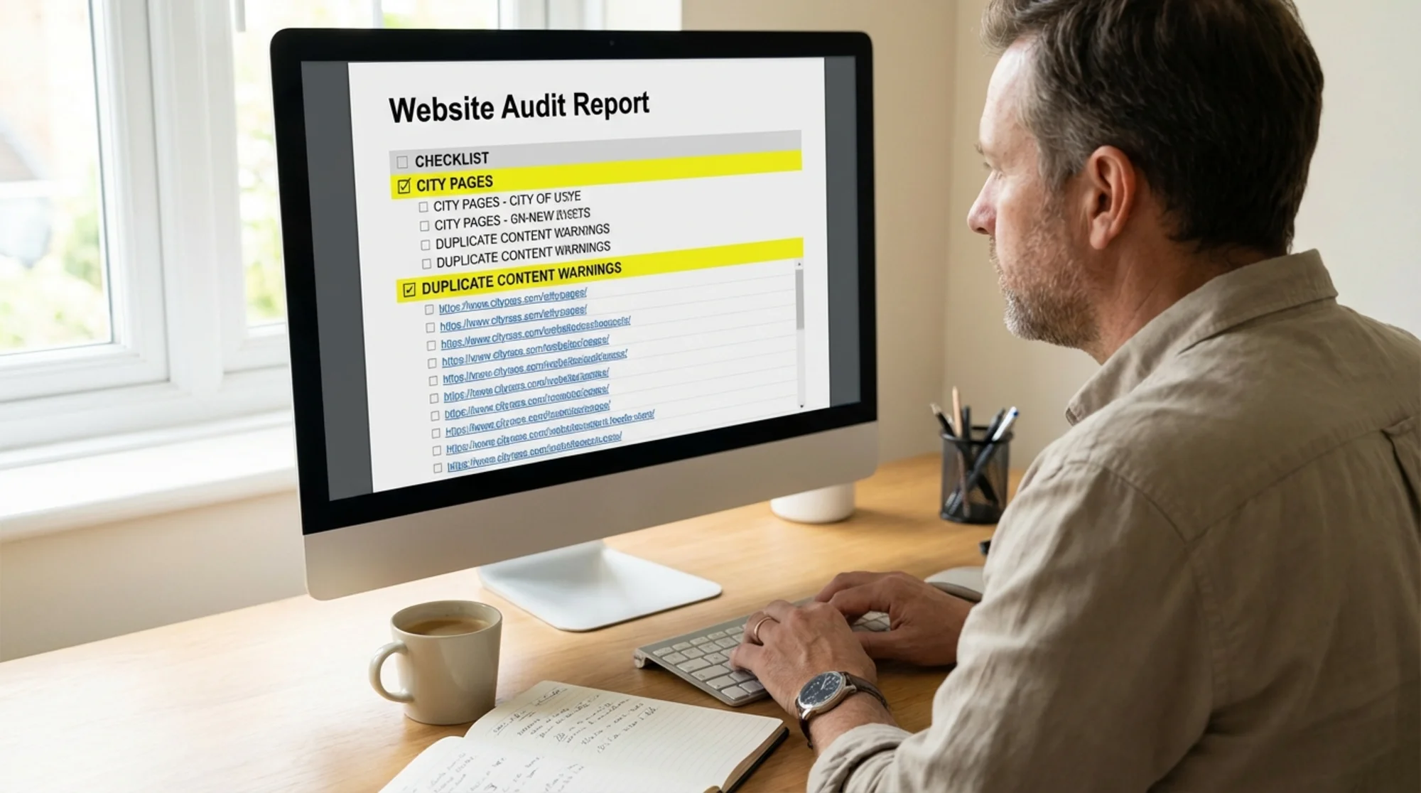 Business owner reviewing duplicate content warnings in an audit report