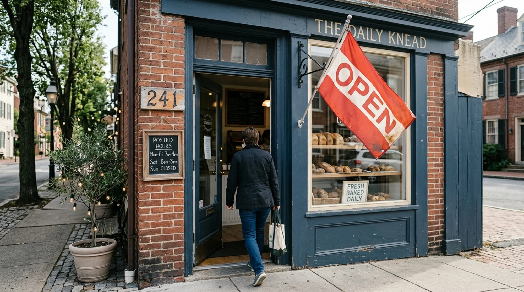 Close-up of a small neighborhood bakery storefront with a hand-painted street number, a posted hours sign, and an open flag, sidewalk view at customer eye level — the kind of real-world detail a good location page should reflect