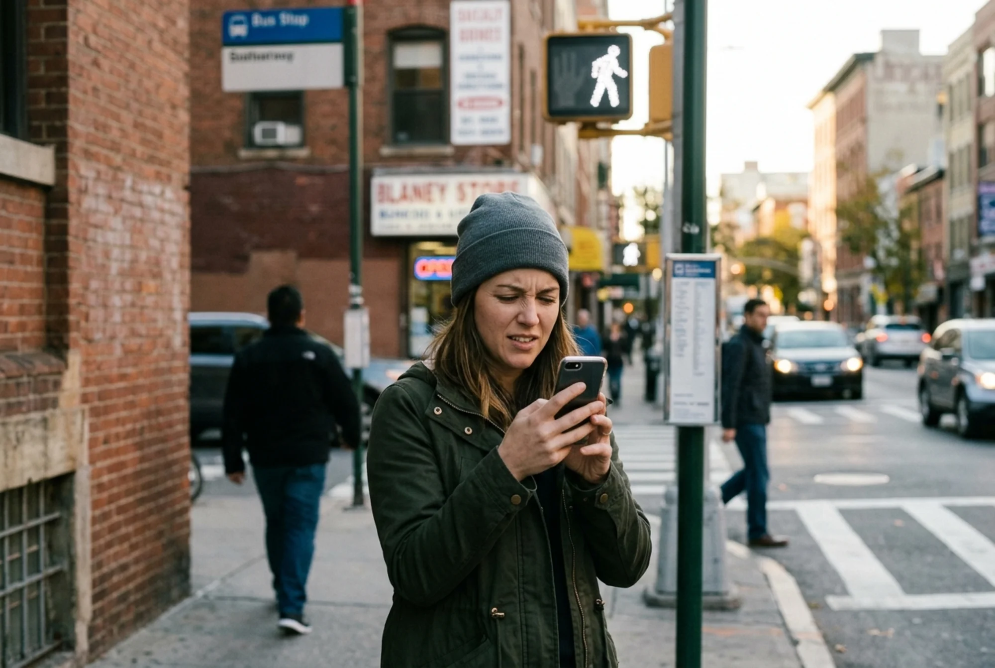 A pedestrian on a street corner squinting at a smartphone showing a thin location landing page that only displays a city name and a phone number, with no address, no hours, and no directions visible