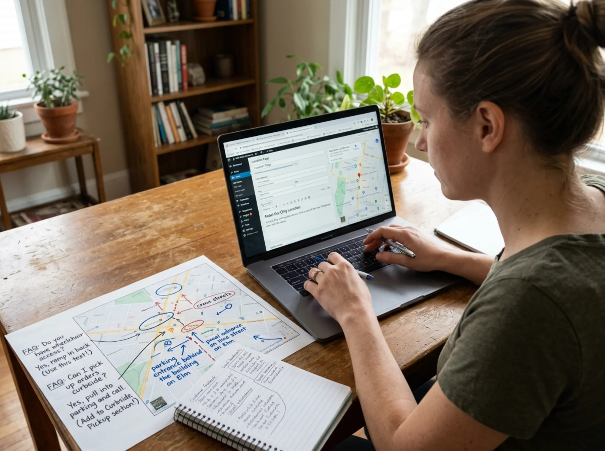 A small business owner at a desk drafting a location page in a CMS, with browser tabs open to Google Business Profile and a printed map showing cross streets, parking entrances, and handwritten customer FAQs in the margin