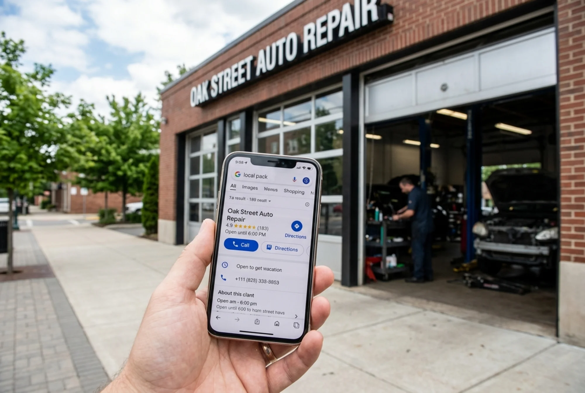 A smartphone held up in front of an auto repair shop entrance, showing a Google local pack result where the same shop is ranked first with 4.9 stars, full hours, a tappable phone number, and a directions button
