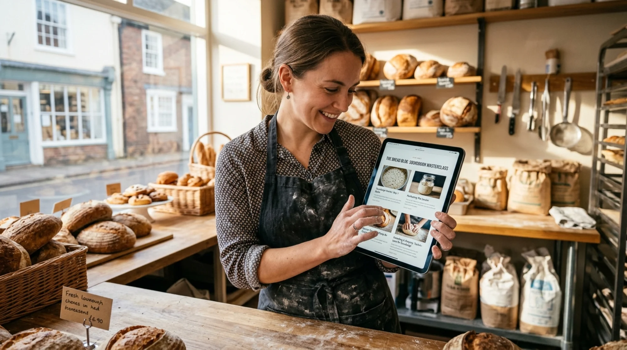 A small bakery owner at her shop counter holding a tablet showing her website's blog index page with eight related articles about sourdough techniques, warm morning light through the front window, flour-dusted apron